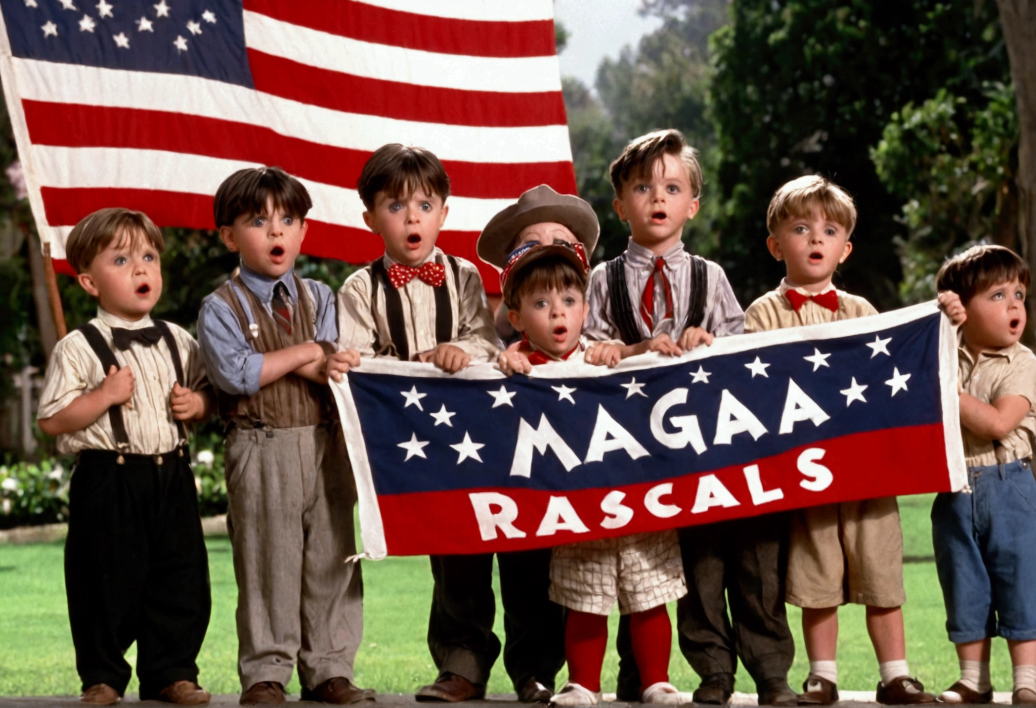 Classic TV, the little rascals, playfully hold up a MAGA banner, An american flag in the background