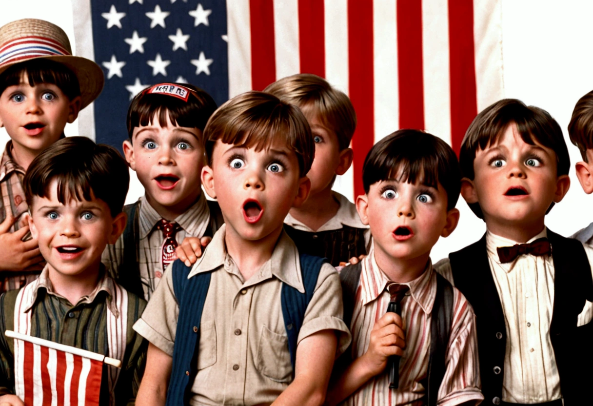 Classic TV, the little rascals, playfully hold up a MAGA banner, An american flag in the background
