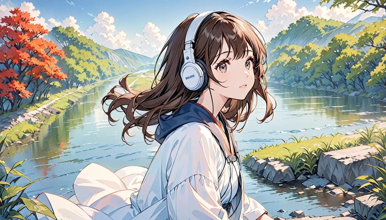 Girl wearing headphones,Brown Hair,1 person,bright,Detailed Background,「The murmur of a river」 - Listen to the flow of the river