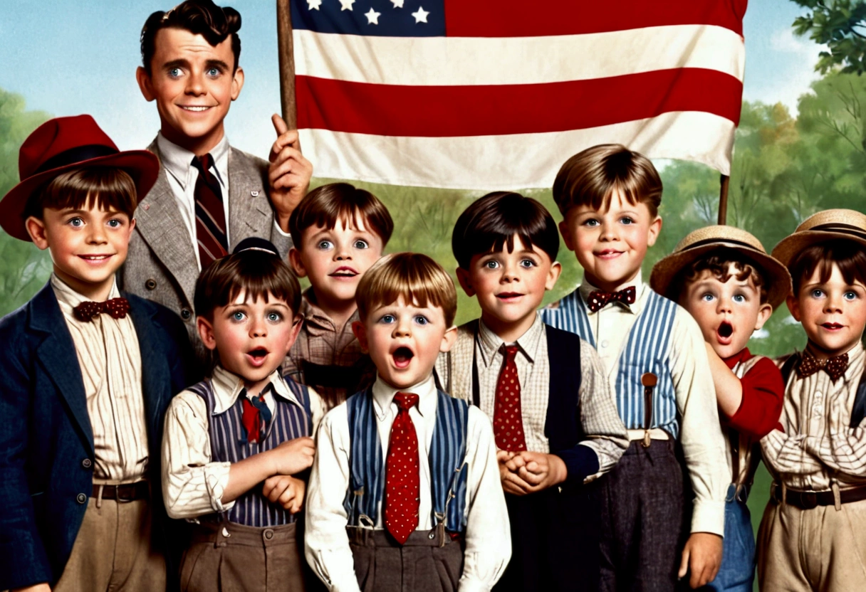 Classic TV, the little rascals, playfully hold up a MAGA banner, An american flag in the background
