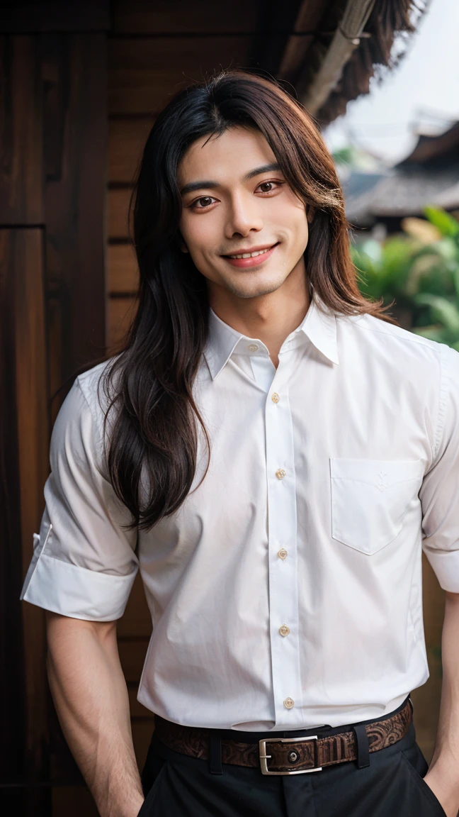 male, handsome, smiling face like Michael Jackson, 30 years old, brown skin, colossal, white shirt with black Indonesian batik sleeves, brown retina, muscles, bokeh, Indonesian cultural background, portrait work, shoulder length dark curly hair, attractive light .