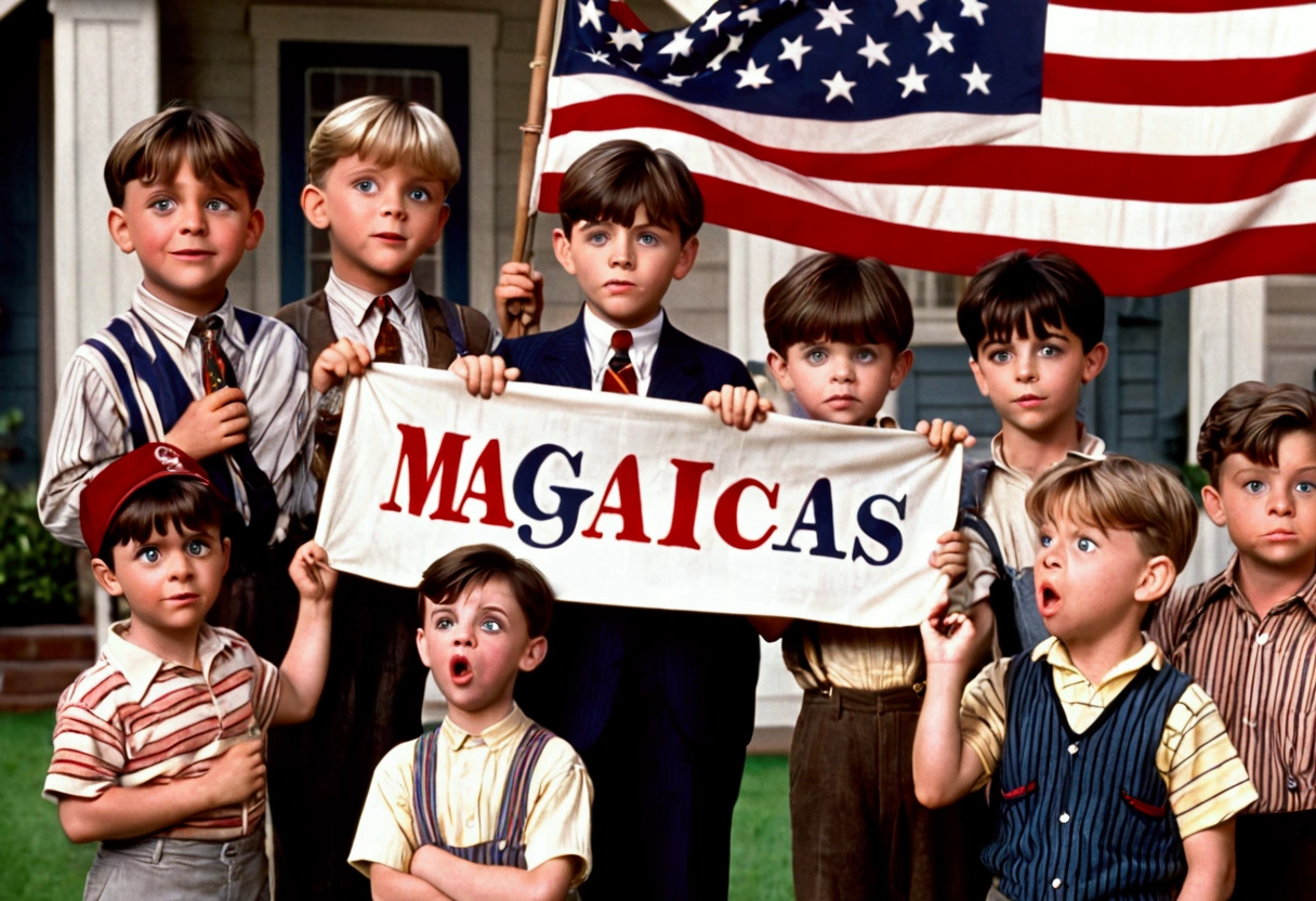 Classic TV, the little rascals, playfully hold up a MAGA banner, An american flag in the background
