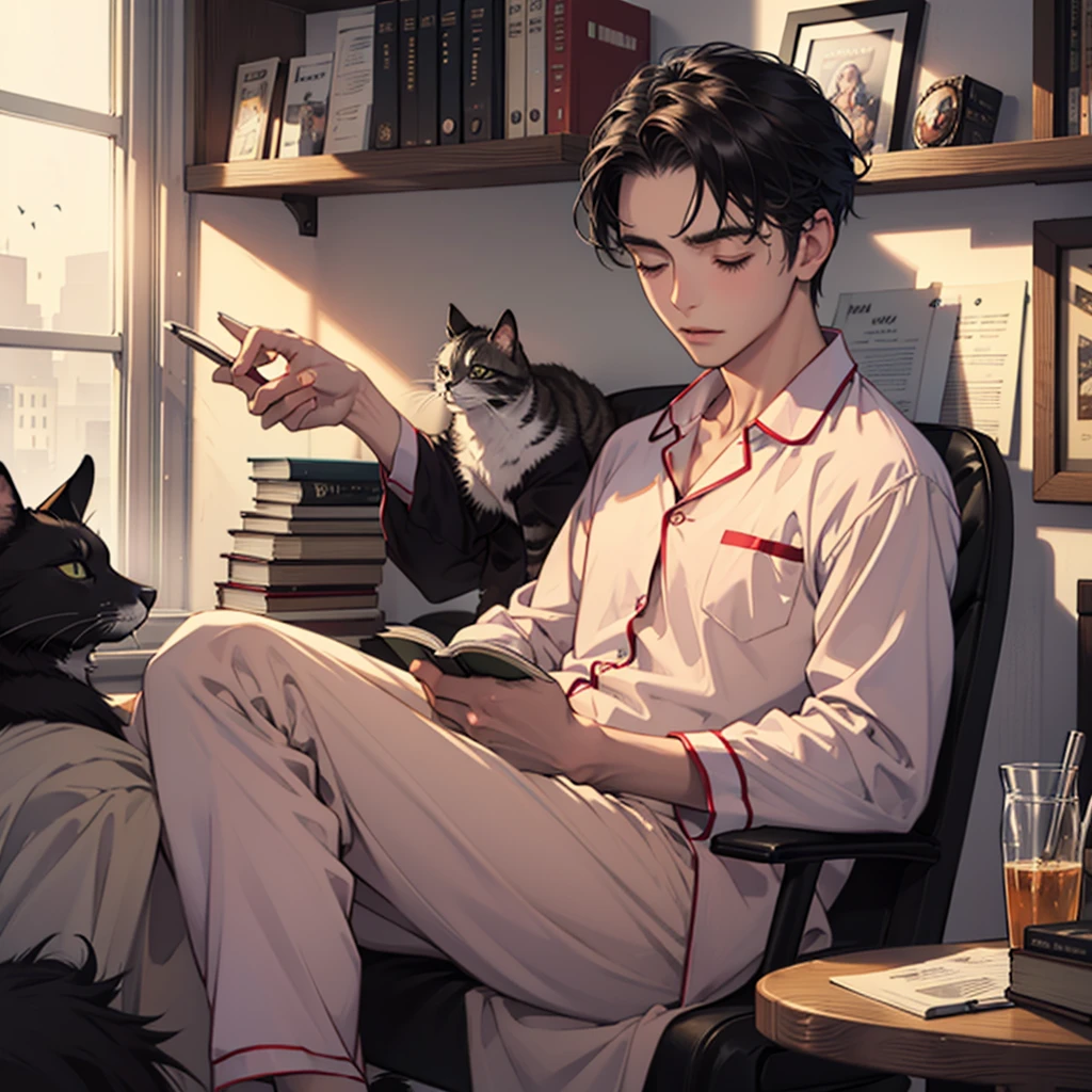 an 18-year-old boy is sleeping sitting at the table. There are books on the table. Clothes Pajamas. A cat is sleeping on the table Высокое разрешение, Вид сверху, Лучшее качество, 