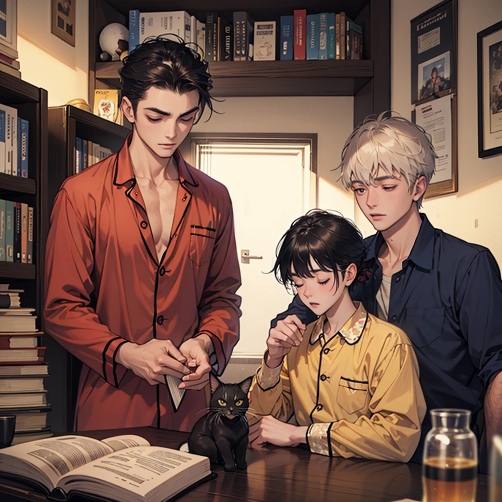an 18-year-old boy is sleeping sitting at the table. There are books on the table. Clothes Pajamas. A cat is sleeping on the table Высокое разрешение, Вид сверху, Лучшее качество, 