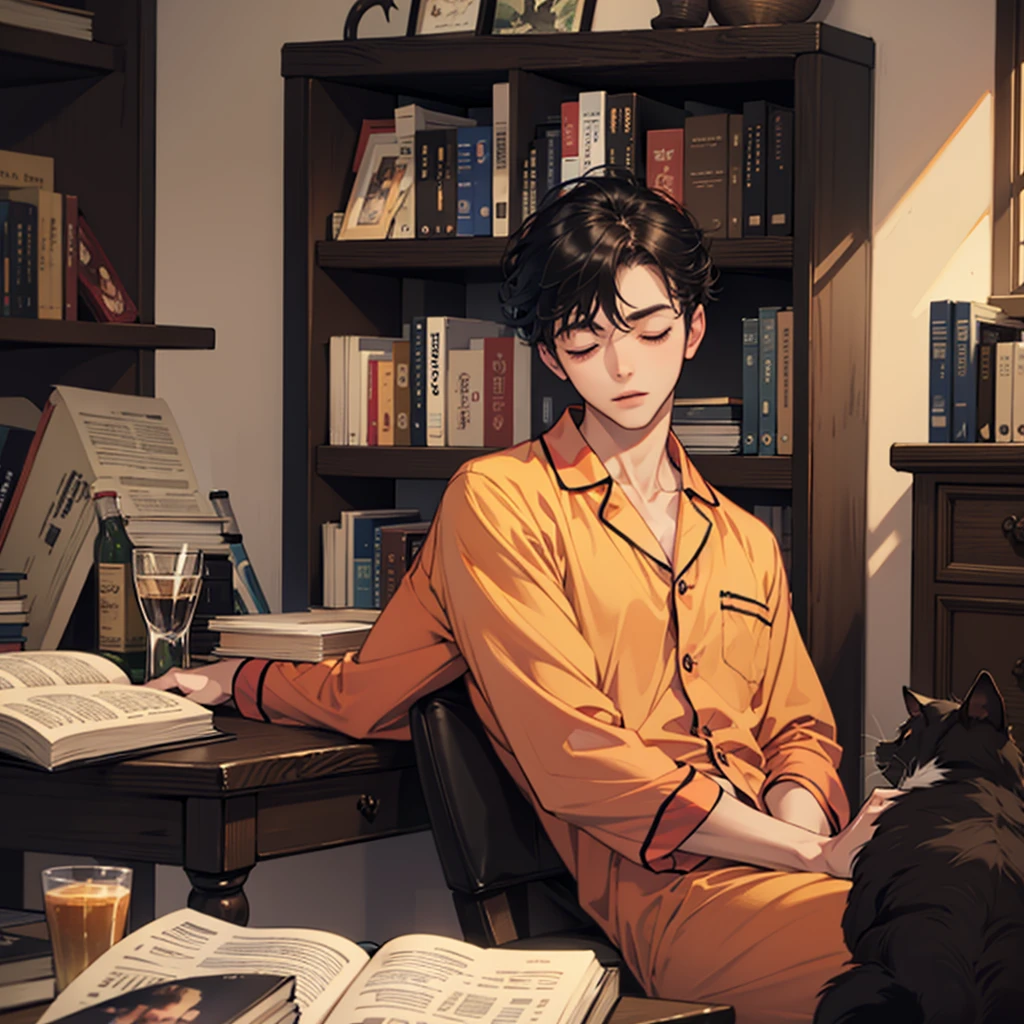 an 18-year-old boy is sleeping sitting at the table. There are books on the table. Clothes Pajamas. A cat is sleeping on the table Высокое разрешение, Вид сверху, Лучшее качество,