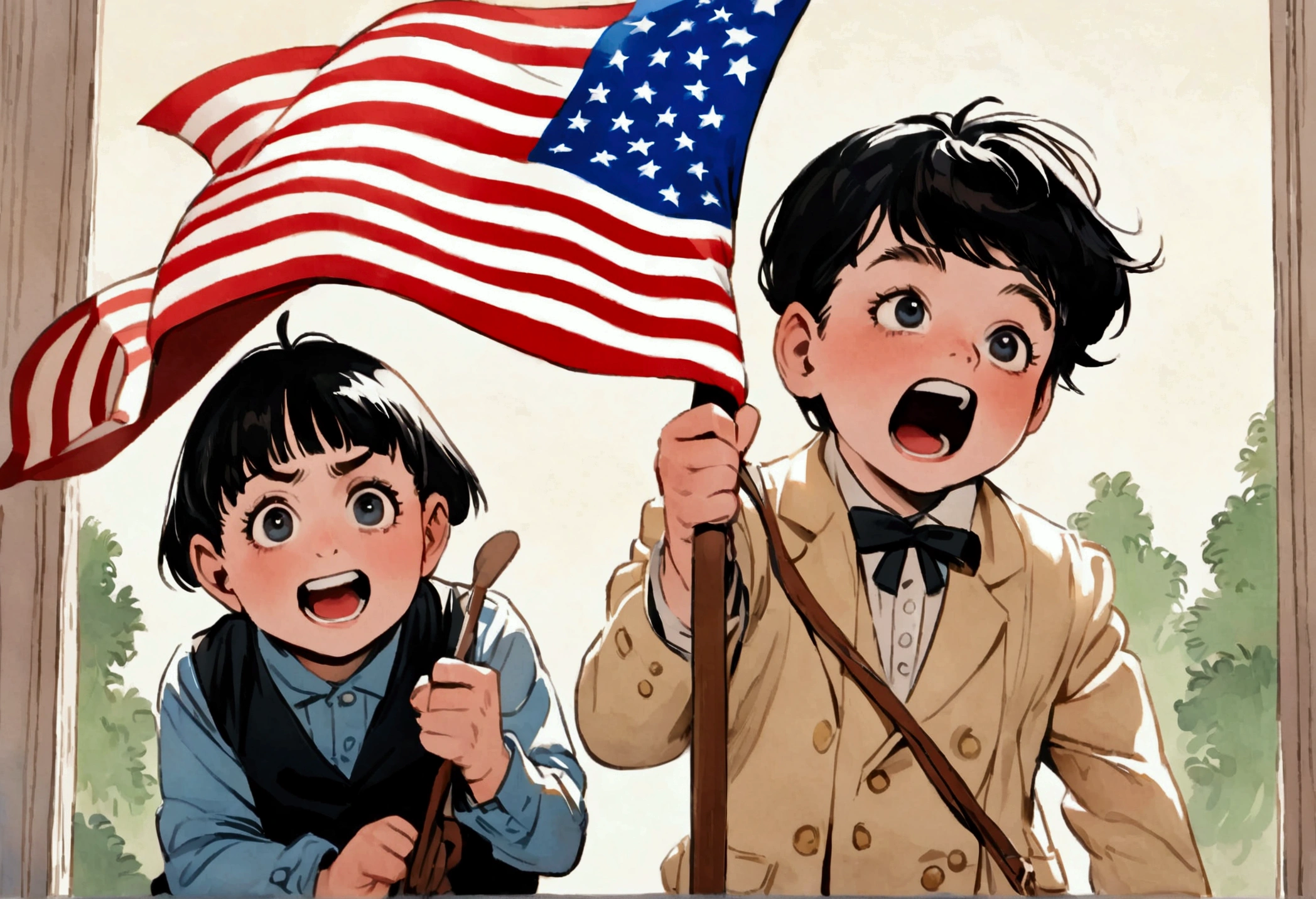 Classic TV, the little rascals, playfully hold up a MAGA banner, An american flag in the background
