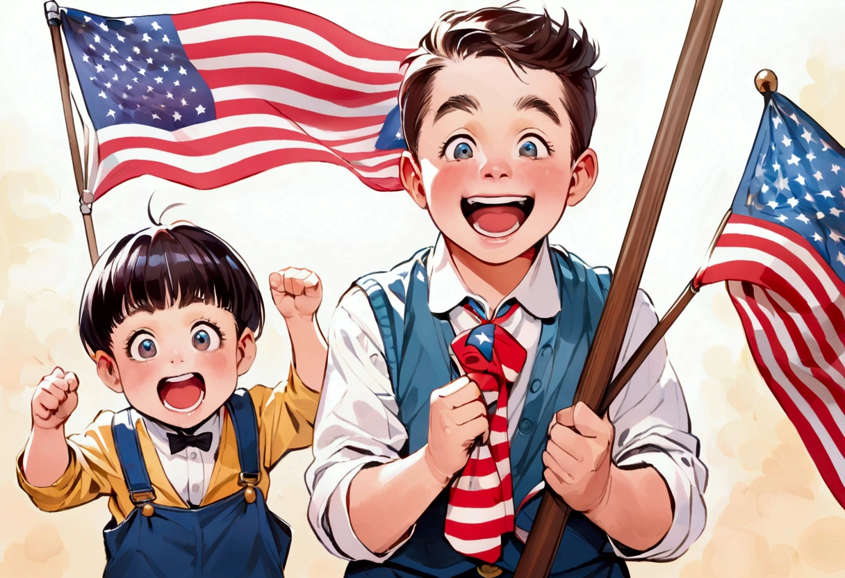 Classic TV, the little rascals, playfully hold up a MAGA banner, An american flag in the background
