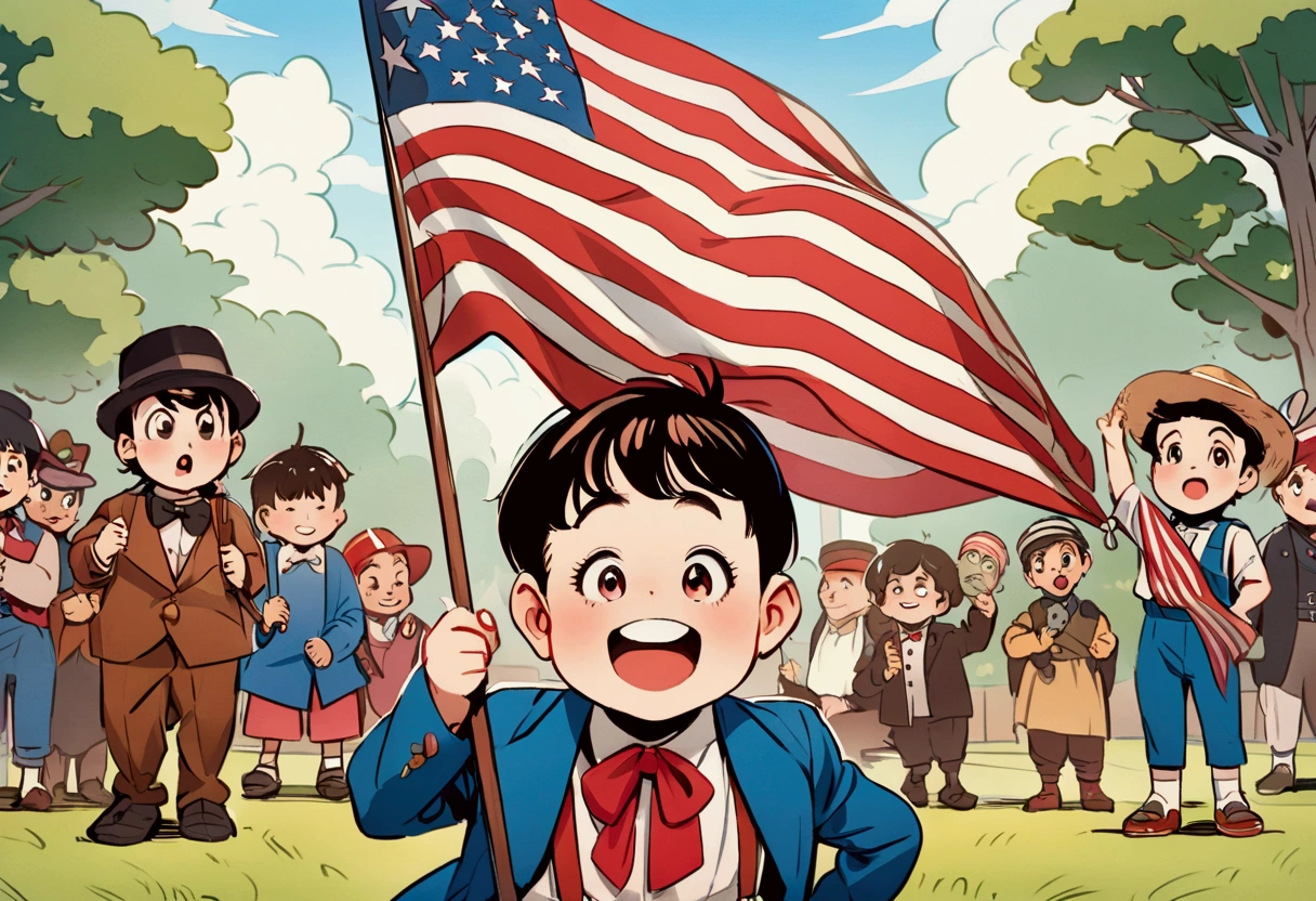 Classic TV, the little rascals, playfully hold up a MAGA banner, An american flag in the background
