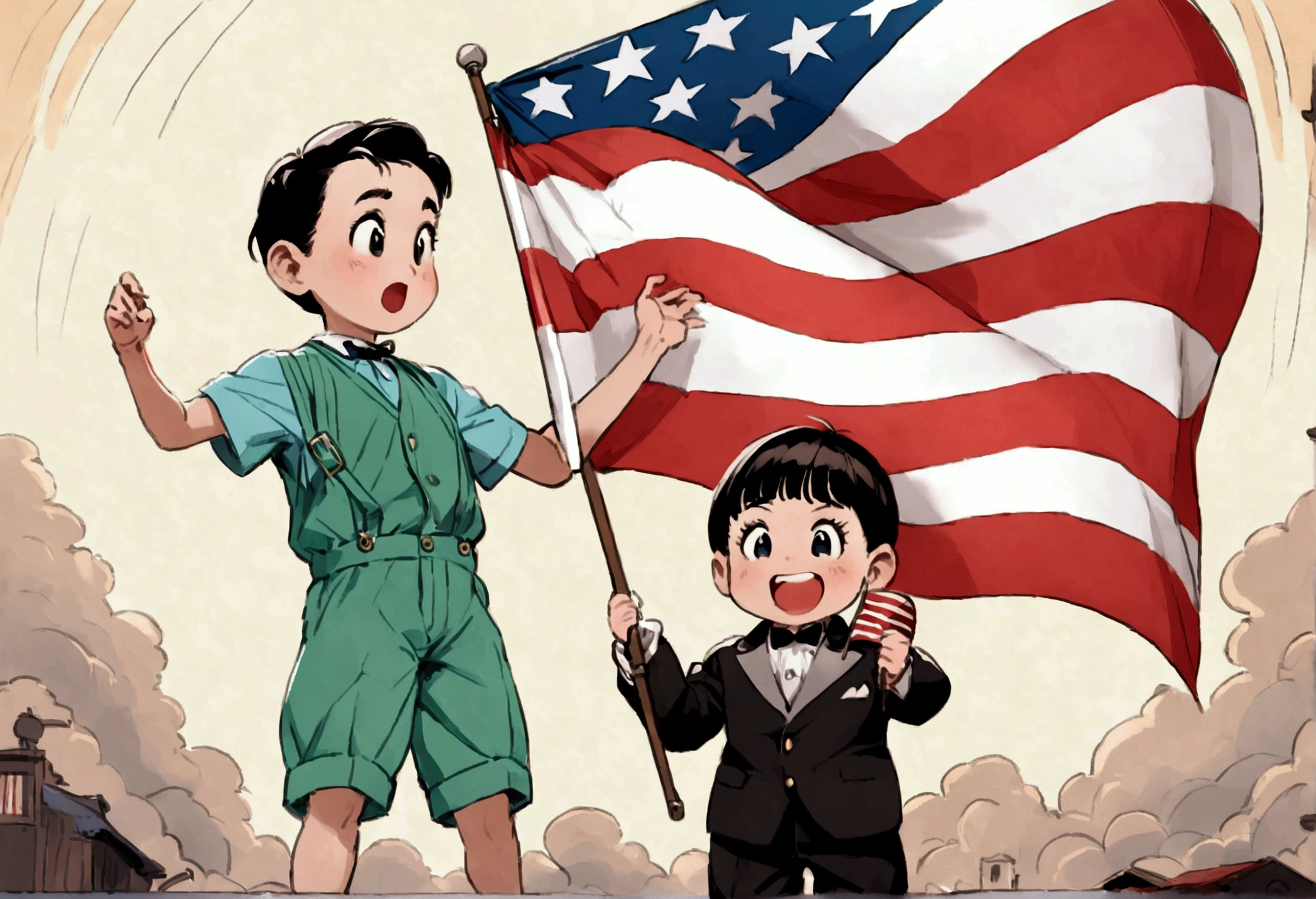 Classic TV, the little rascals, playfully hold up a MAGA banner, An american flag in the background
