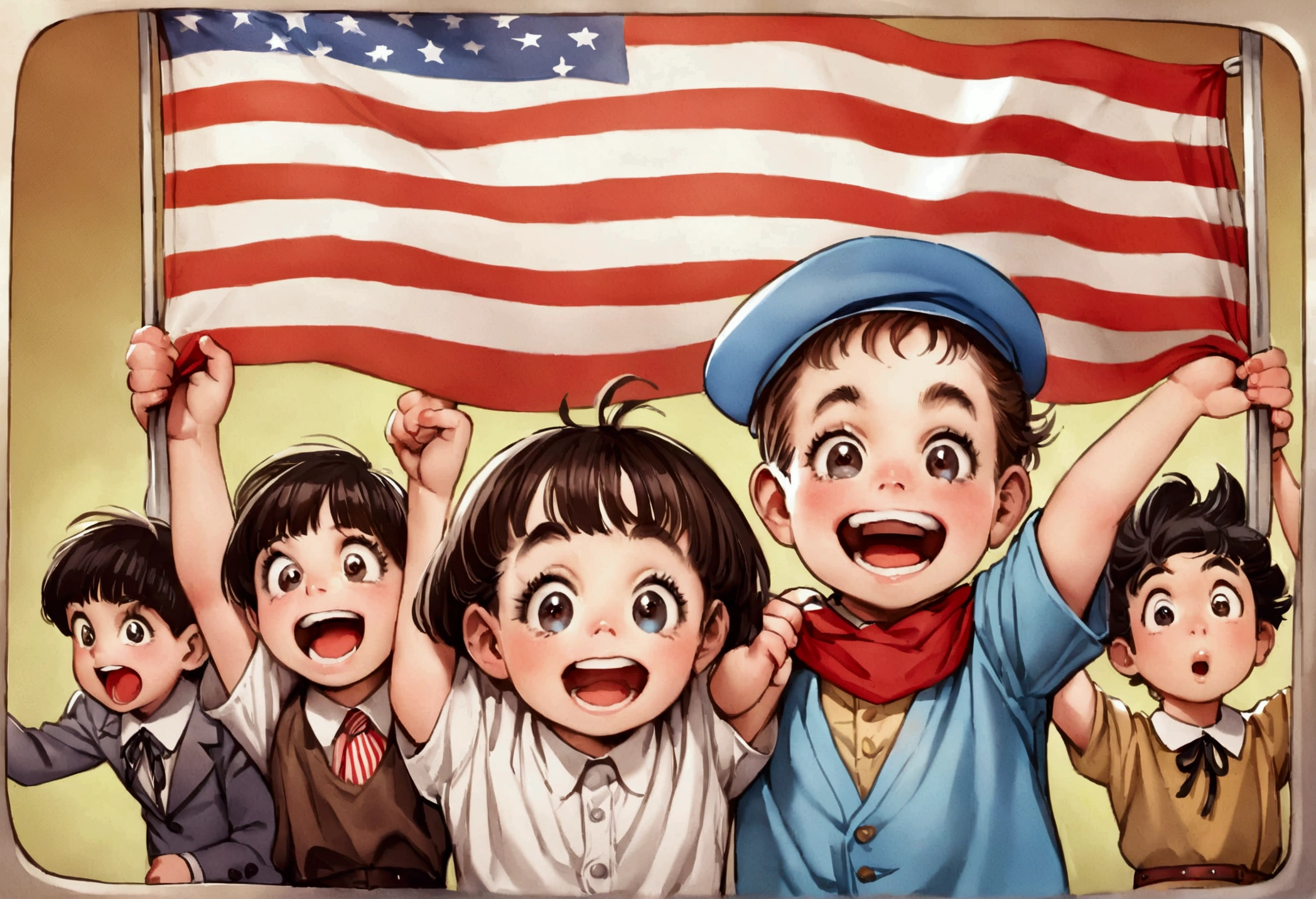 Classic TV, the little rascals, playfully hold up a MAGA banner, An american flag in the background