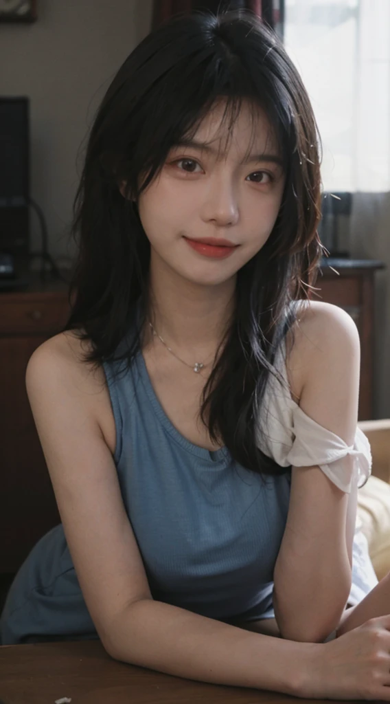 best qualtiy, Ultra-high resolution, (realisticlying:1.4),((Medium hair))),absurderes:1.2, The background is blurred out, bokeh:1.2, photography of, (RAW photogr:1.2), (realisticlying:1.4), (tmasterpiece:1.3), (complexdetails:1.2), 1girll, solo, japanaese girl, delicated, beautifuldetails, (Detailed eyes), (detailedfacialfeatures), , (((little breast))), skin tight, (Looking_at_peeping at the viewer), From_Front, (being thin), (best qualtiy:1.4), (Ultra-high resolution:1.2), cinematric light, (Extreme detail illustration), (Gloss on lips, best qualityer, Ultra-high resolution, depth of fields, Caustics, Wide lighting, naturalshadow, 85mm, f/1.4, iso 200, 1/160s:0.75),1girll, solo, (((blue tanktop)))ssmile, Uniforms, choker necklace,