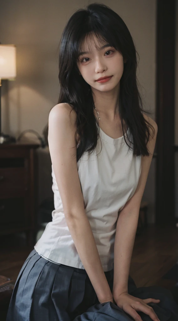 best qualtiy， Ultra-high resolution， （realisticlying：1.4），（（Medium hair））），absurderes：1.2， The background is blurred out， bokeh：1.2， photography of， （RAW photogr：1.2）， （realisticlying：1.4）， （tmasterpiece：1.3）， （complexdetails：1.2）， 1girll， solo， japanaese girl， delicated， beautifuldetails， （Detailed eyes）， （detailedfacialfeatures）， ， （（（little breast）））， skin tight， （Looking_at_peeping at the viewer）， From_Front， （being thin）， （best qualtiy：1.4）， （Ultra-high resolution：1.2）， cinematric light， （Extreme detail illustration）， （Gloss on lips， best qualityer， Ultra-high resolution， depth of fields， Caustics， Wide lighting， naturalshadow， 85mm， f/1.4， iso 200， 1/160s：0.75），1girll， solo， （（（blue tanktop）））ssmile， Uniforms， choker necklace，