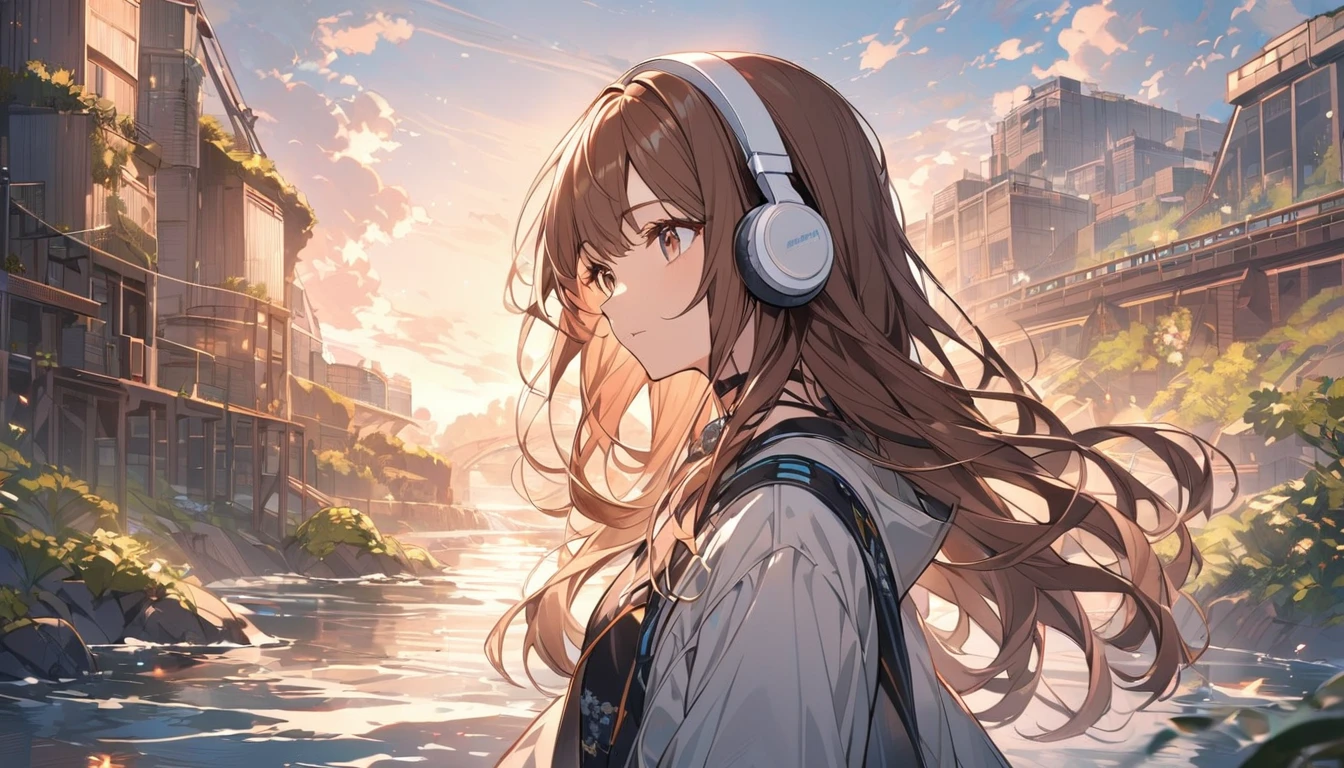 Girl wearing headphones,Brown Hair,1 person,bright,Detailed Background,「The murmur of a river」 - Listen to the flow of the river
