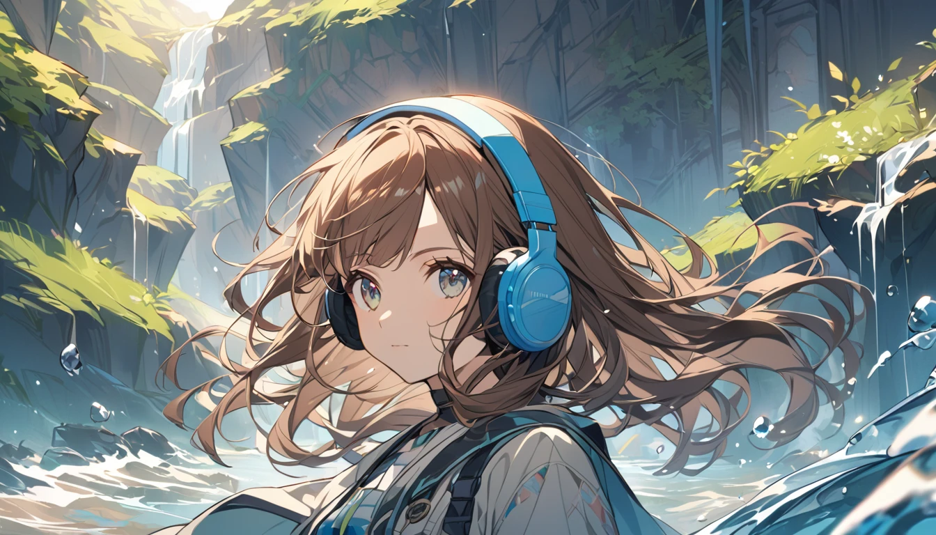 Girl wearing headphones,Brown Hair,1 person,bright,Detailed Background,「The murmur of a river」 - Listen to the flow of the river