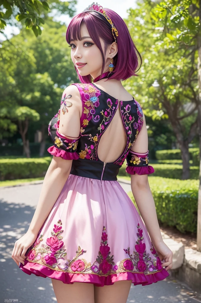 (masterpiece:1.4), (best quality:1.4), ultra high res, ultra high resolution, ((detailed facial features)), HDR, (realistic, photorealistic, photo-realistic:1.37), full body Esbian, sexy Vietnamese model, (-anime), vivid colors, ((vivid colors multicolor (red, fuchsia) very short hair)), (happy smile), lip-gloss, long lashes, beautiful makeup, defined eyebrows, wearing large sparkling colorful jewelery, wearing a red silk Paradise Kiss cosplay dress with black floral embroidery, ((vivid colors outfit)), vivid colors, look at the camera, cinematic light, large park background with trees, sweet and sexy pose