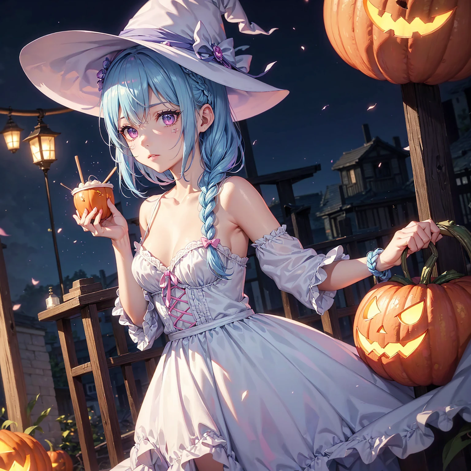 (Light blue medium hair:1.2),(Braided hair:1.2)、Pink eyes、Fair skin、cowboy shot、Halloween、The background is a pumpkin ghost、Crescent Moon、Trick or Treat、A lot of sweets、witch、Halloween night、Candy、many bat、Condescending expression、solo、(masterpiece、Highest quality、Very detailed、Best Shadow)、(Detailed Background)、(Beautifully detailed face)、High contrast、(Best lighting、Very delicate and beautiful)、(Cinematic Light)、colorful、Hyper Detail、Dramatic Light、Exquisite detail、