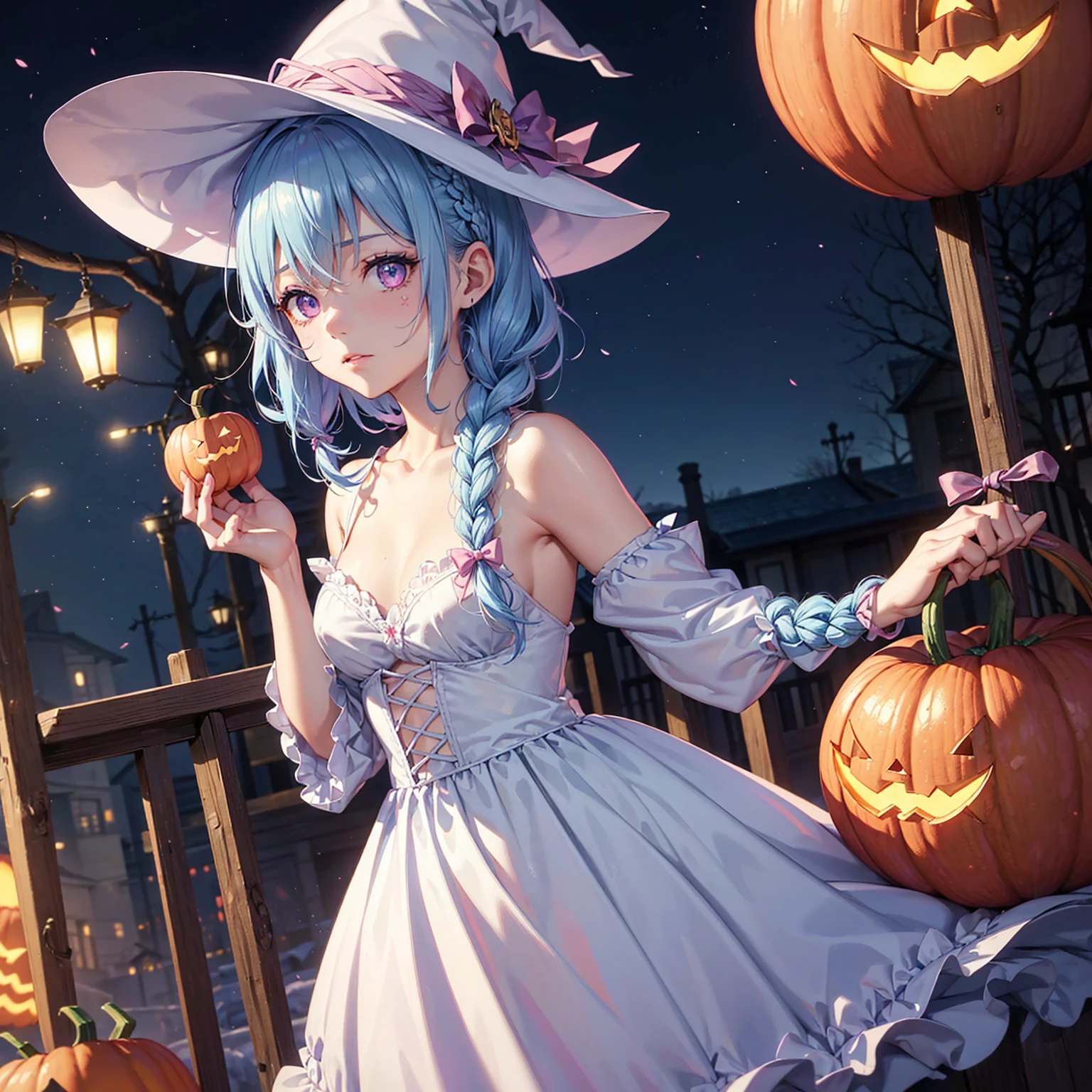 (Light blue medium hair:1.2),(Braided hair:1.2)、Pink eyes、Fair skin、cowboy shot、Halloween、The background is a pumpkin ghost、Crescent Moon、Trick or Treat、A lot of sweets、witch、Halloween night、Candy、many bat、Condescending expression、solo、(masterpiece、Highest quality、Very detailed、Best Shadow)、(Detailed Background)、(Beautifully detailed face)、High contrast、(Best lighting、Very delicate and beautiful)、(Cinematic Light)、colorful、Hyper Detail、Dramatic Light、Exquisite detail、
