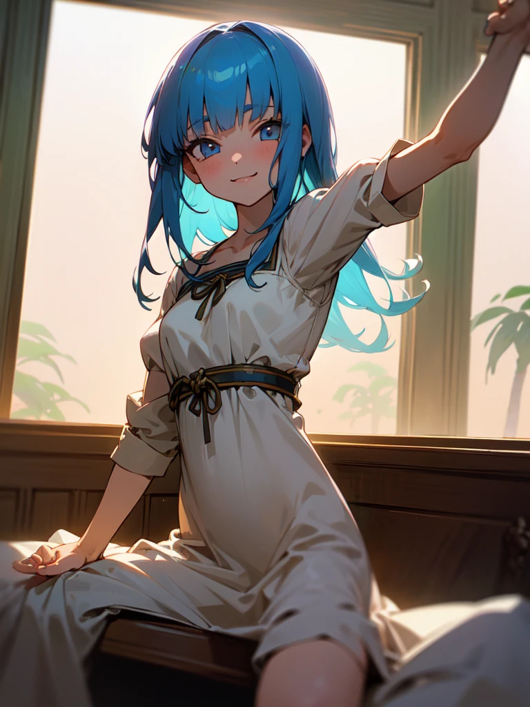 1girl, sitting on chair, arm in front, hand up, bent arm, improve, (palms), open hand, natural hands, spread fingers, stretch fingers, (head tilt), smile, sundress,
(from front:1.4), upper body, indoors,
anime, high brightness, detailed face, detailed eyes,
(high quality, ultra detailed, masterpiece, super detail, highres, anatomically correct, UDH),
anime style, extremely cute, good hands, good fingers