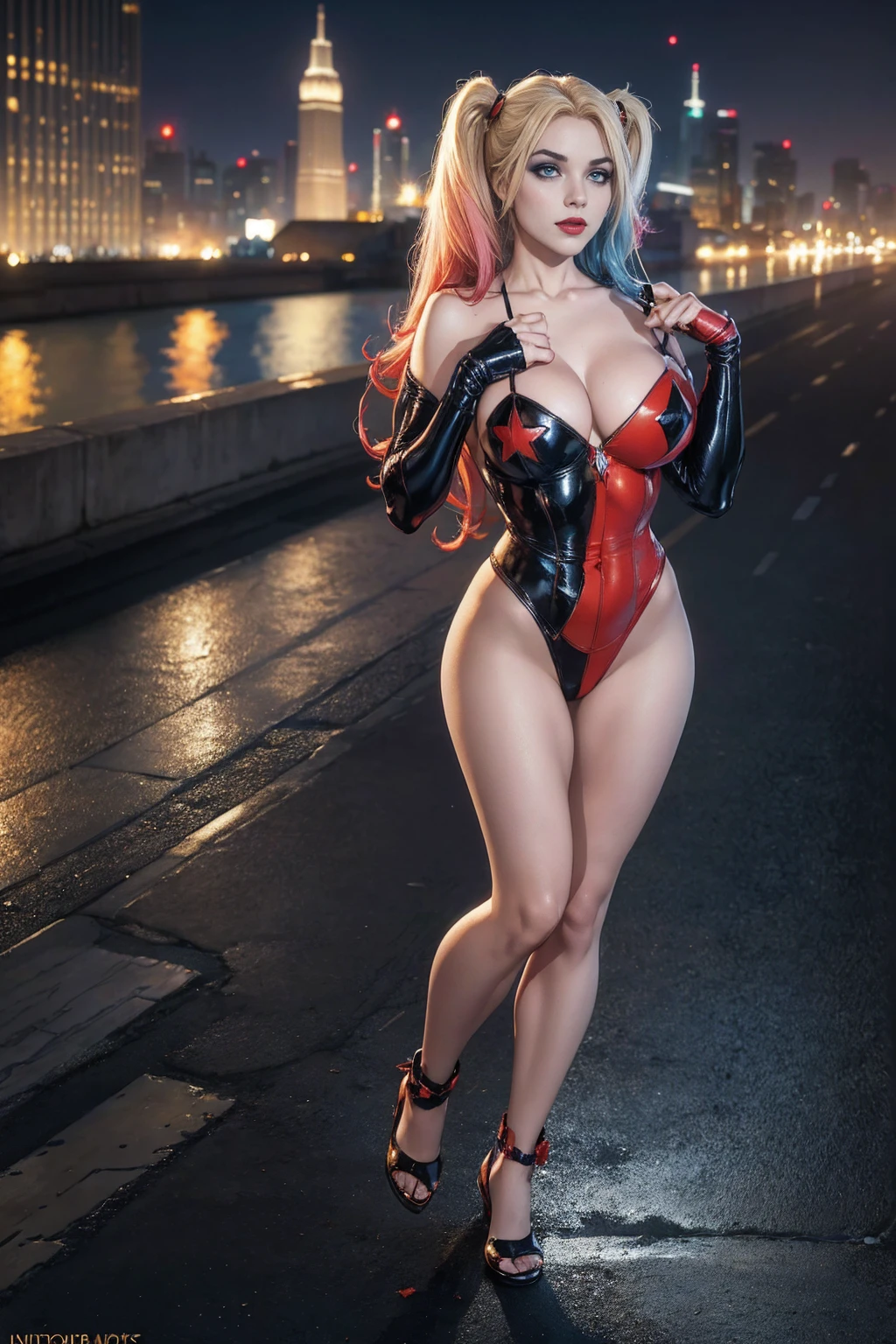 ((Full body photo, standing, feet on the floor)) straight-on,upper-body,looking a viewer, BREAK, cartoony_Harley Quinn ,lipstick,Blue eyes,makeup,lips,large breasts,clavicle,red-lips,c,,Bodysuit,cleavage,,glittering,center opening, BREAK, official arts,extremely detailed CG unity 8k wallpaper, perfect lighting,Farbeful, Bright_front_s face_illumination,sparkly skin, (Masterpiece:1.0),(Best_Quality:1.0), extra high resolution,4K,Ultra-detailed, photografic, 8k, HDR, hight resolution, (absurdress:1.2), Kodak portra 400, Film grain, blurred background, (bokeh:1.2), lens flare, (Vibrants_Farbe:1.2),professional photo of a, (Beautiful_s face:1.5), Protruding Breasts, torpedo tits, city background at night, rooftop skyscraper, show skin, slutty, naughty, mischievious, crazy