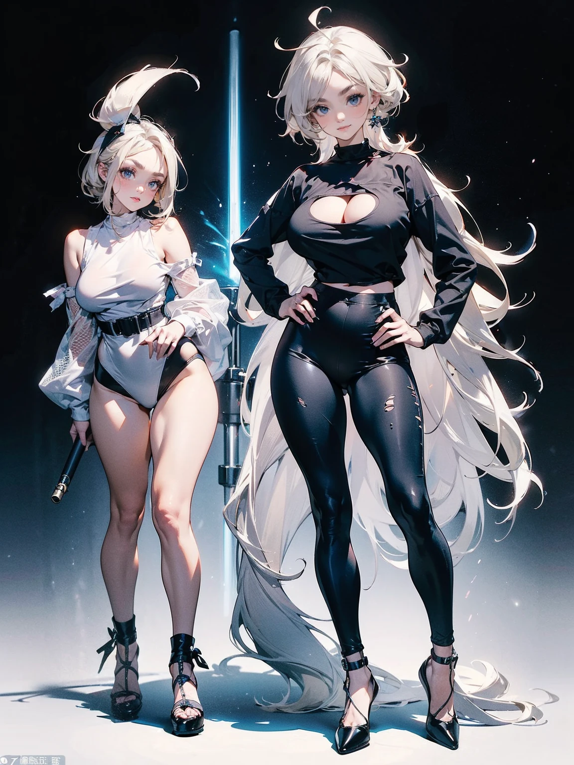 Sense of presence, look up, Focus on shoes, (White Hair Girl), (Thick, dark blue eyebrows:1.4), (Dark blue eyebrows:1.7), (Thick eyebrows:1.3), (Huge black fluffy animal ears:1.1), (Black animal ears:1.1), BREAK, (((Mesh Stitching Crop T-Shirt, Cutout Long Sleeve Top))),BREAK, (Big Breasts:1.2, Thick legs, Adult female body, Sturdy body:1.2), ((full body:1.7, Contrapposto:1.5)), (sharp eyes, Ultra-high definition CG, Precisely designed costumes, 4K, 8k, Ultra-high definition CG, Precisely designed costumes, Clear lines, Expressive and Captivating Eyes, Fine Details and Realistic Textures, cinematic lighting), ((white background)), BREAK, (Wearing black leggings with holes), Skinny sleeves, (Torn and holey leggings:1.2)(Black leggings:1.4), (過剰なRuggedThick soleブーツを履いています:1.2), (Thick sole:1.5), (Big shoes:1.3), brwak,((Lightsabers:1.3, embarrassed))　
