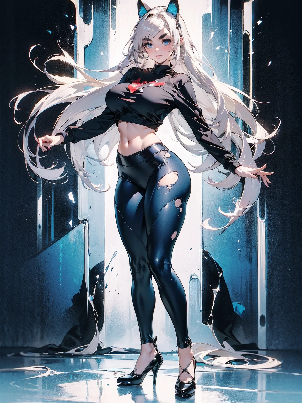 Sense of presence, look up, Focus on shoes, (White Hair Girl), (Thick, dark blue eyebrows:1.4), (Dark blue eyebrows:1.7), (Thick eyebrows:1.3), (Huge black fluffy animal ears:1.1), (Black animal ears:1.1), BREAK, (((Mesh Stitching Crop T-Shirt, Cutout Long Sleeve Top))),BREAK, (Big Breasts:1.2, Thick legs, Adult female body, Sturdy body:1.2), ((full body:1.7, Contrapposto:1.5)), (sharp eyes, Ultra-high definition CG, Precisely designed costumes, 4K, 8k, Ultra-high definition CG, Precisely designed costumes, Clear lines, Expressive and Captivating Eyes, Fine Details and Realistic Textures, cinematic lighting), ((white background)), BREAK, (Wearing black leggings with holes), Skinny sleeves, (Torn and holey leggings:1.2)(Black leggings:1.4), (過剰なRuggedThick soleブーツを履いています:1.2), (Thick sole:1.5), (Big shoes:1.3), brwak,((Lightsabers:1.3, embarrassed))　
