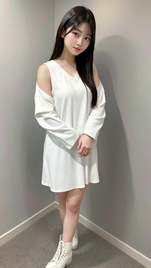 A hyper-realistic full-body image of a beautiful young Japanese woman standing against a white background, wearing a loose-fitting white dress and black ankle boots. She has long, straight dark hair and is posing with her arms crossed and one leg slightly bent. She is looking directly at the camera with a gentle expression. The style is photorealistic, with extremely high resolution and realistic details, making her appear very lifelike.