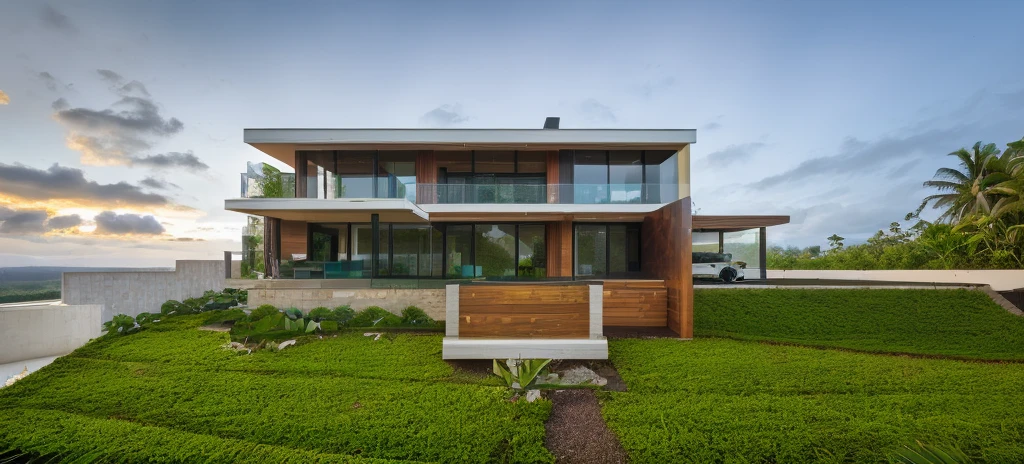 exterior contemporary villa, cladding stone mix with nature wood material, glass rail, glass door, plants on balcony, glass window, ((nice landscape with tropical trees and plants)), green grass, best quality, high quality, master piece, realistic photo, daylight, ((tropical forest in the background)), super detail