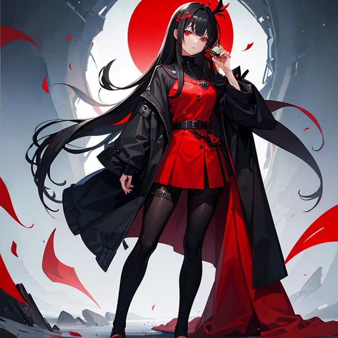 female character with black hair and clothes, with dark background, holding a red lily flower