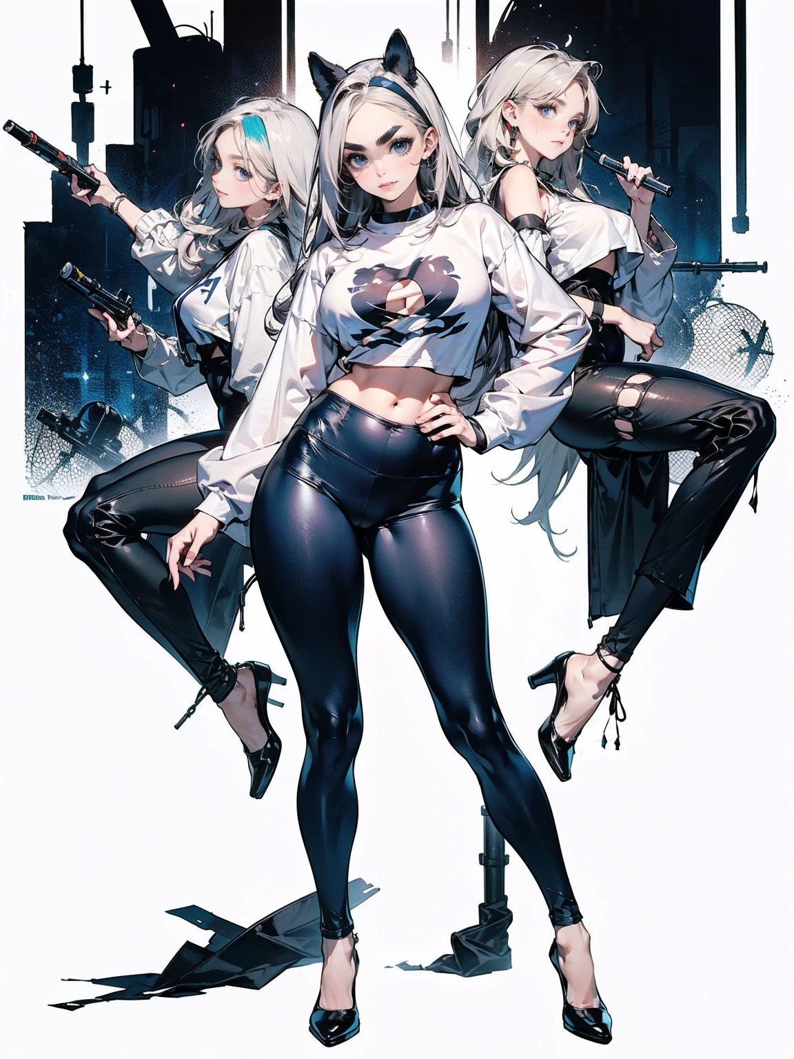Sense of presence, look up, Focus on shoes, (White Hair Girl), (Thick, dark blue eyebrows:1.4), (Dark blue eyebrows:1.7), (Thick eyebrows:1.3), (Huge black fluffy animal ears:1.1), (Black animal ears:1.1), BREAK, (((Mesh Stitching Crop T-Shirt, Cutout Long Sleeve Top))),BREAK, (Big Breasts:1.2, Thick legs, Adult female body, Sturdy body:1.2), ((full body:1.7, Contrapposto:1.5)), (sharp eyes, Ultra-high definition CG, Precisely designed costumes, 4K, 8k, Ultra-high definition CG, Precisely designed costumes, Clear lines, Expressive and Captivating Eyes, Fine Details and Realistic Textures, cinematic lighting), ((white background)), BREAK, (Wearing black leggings with holes), Skinny sleeves, (Torn and holey leggings:1.2)(Black leggings:1.4), (過剰なRuggedThick soleブーツを履いています:1.2), (Thick sole:1.5), (Big shoes:1.3), brwak,((Lightsabers:1.3, embarrassed))