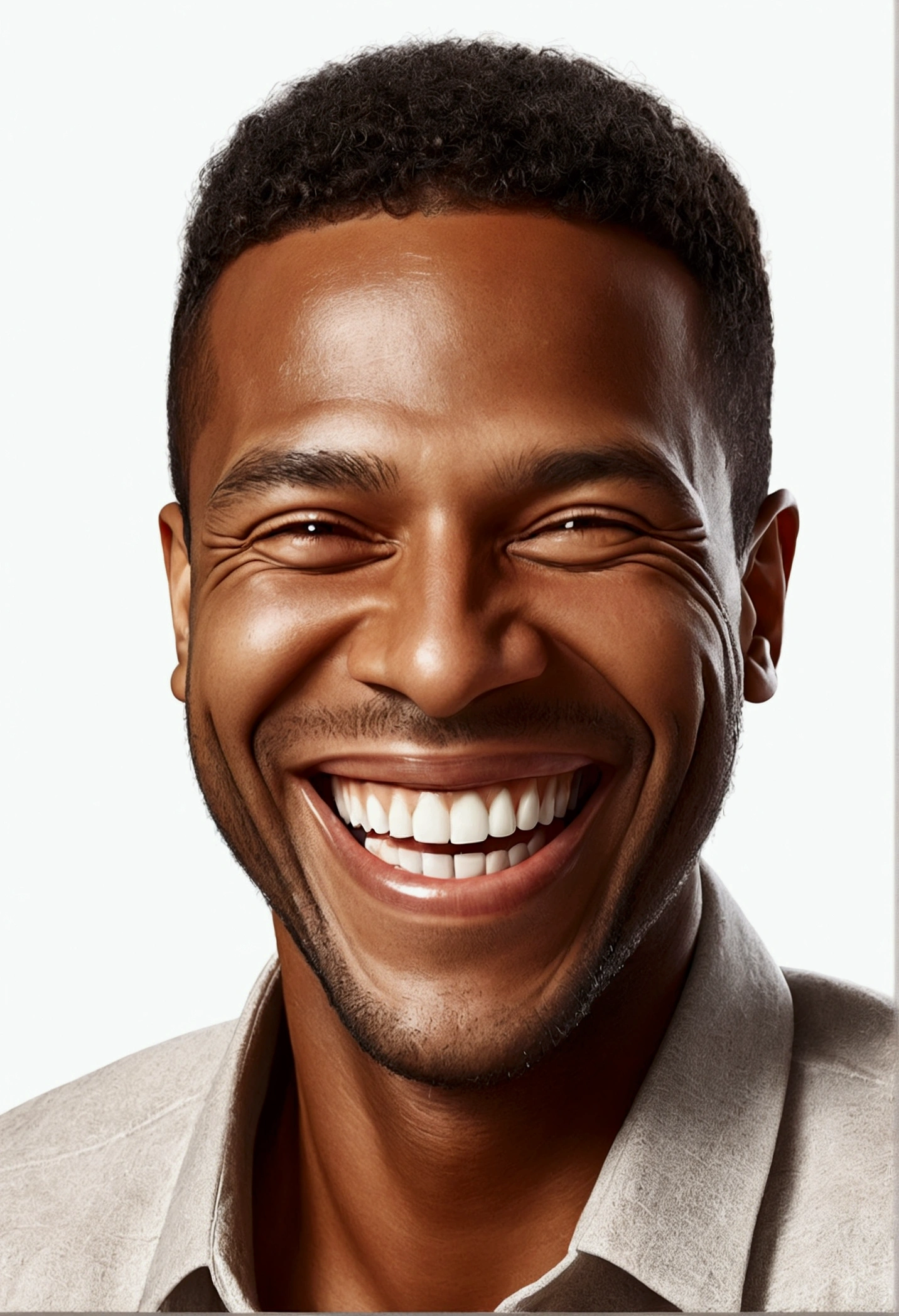 Man illustration , insane smile, brown skin man with a giant grin, smiling happily at the camera, cheeky smile, He is smiling, very huge smile, smiling male, headshot profile picture, laughing huge smile, drawing in 3D Art style, White background