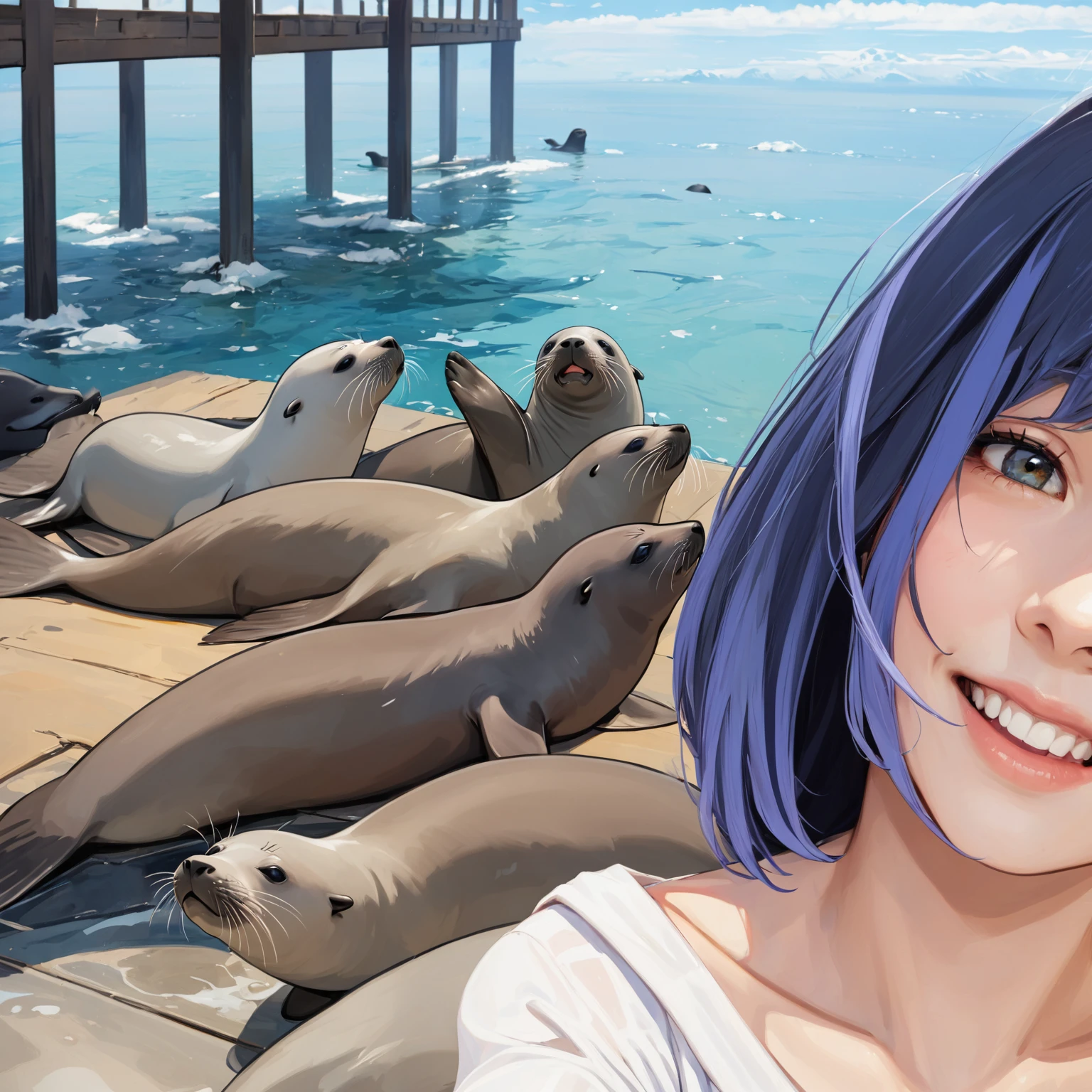 A girl takes a selfie with fur seals in the background, The girl smiles