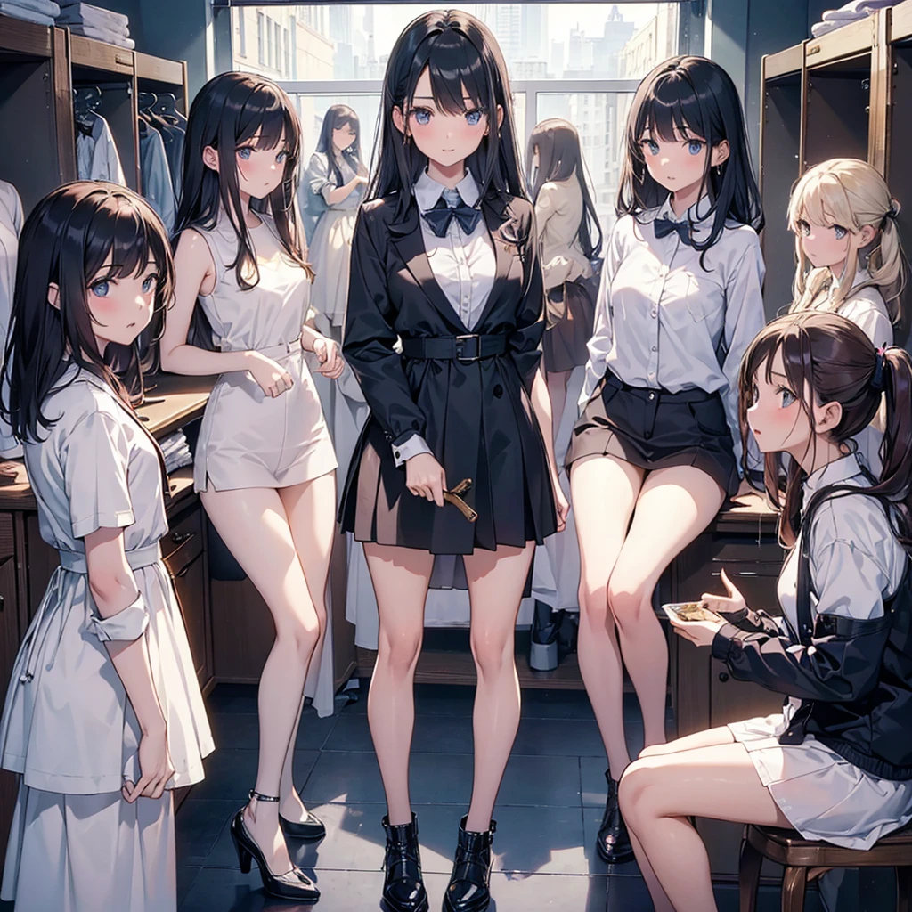 masterpiece, Highest quality, Five girls in a changing room,(Five people getting changed:1.4),Are standing,Body orientation is different々Facing the direction of,Ten generations, Don't look towards the viewer,Group shot, Harem,ips,underwear,(panties),Realistic,,(Dark blue blazer and white shirt) ,(Dark blue pleated skirt),Blue Ribbon ,(Recall, Grab your ass:0.9),(Beautiful Eyes:1.3),sFrom below,From below,{{Random Pause}},((((Dynamic pose)))),((Dynamic Angle)),skinny,(skinny:1.2) ,Thin thighs, Thin legs,After club activities、youth,Lively,Bright interior,(Looking at each other:1.5),(Chatting:1.4),((Unaware of the viewer:1.6),I closed the curtains.,(Lift up your shirt,Lifted it himself:1.5) ,.Skirt lift front,(panties:1.3) BREAK (undressing clothes:1.3), (((They are not looking directly at the viewer))), (((as rather focused on each other,gesturing animatedly as they talk))),(((eye contact))),(((Exchanging glances))),(((exchanging words))),(((calling out))),((smiling while talking)))