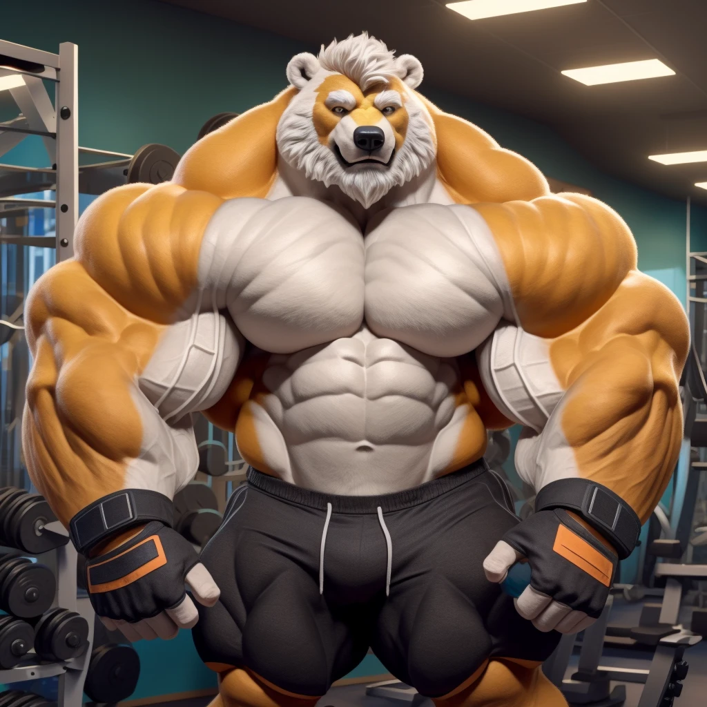 solo, 1boy, Huge Muscular White Polar Bear, huge white fur, pectoral, huge pectoral, wide pectoral, short white hair, ((really big muscle, massive muscular, sixpack, thick arms, wide pectoral, super huge muscle, hyper muscular, over sized muscle, huge arms, big arms, huge pectoral)), black gym short pants, black wristbands, fingerless gloves and shirtless and topless, white bearded, white Mustache, white fur, grey eyebrows, gym fitness center background, masterpiece, high detailed, 8k, high resolution, at the gym, flexes huge thorax, looking at the viewer, acting all hunk