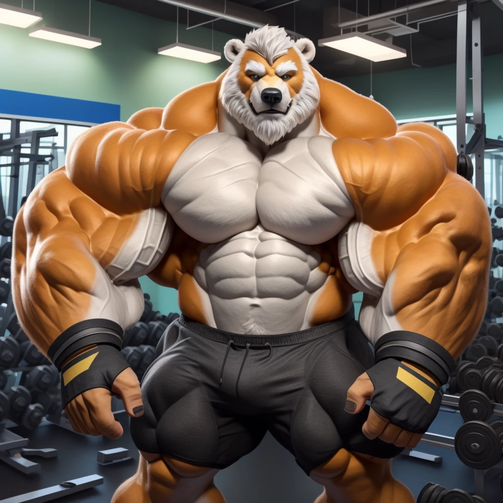 solo, 1boy, Huge Muscular White Polar Bear, huge white fur, pectoral, huge pectoral, wide pectoral, short white hair, ((really big muscle, massive muscular, sixpack, thick arms, wide pectoral, super huge muscle, hyper muscular, over sized muscle, huge arms, big arms, huge pectoral)), black gym short pants, black wristbands, fingerless gloves and shirtless and topless, white bearded, white Mustache, white fur, grey eyebrows, gym fitness center background, masterpiece, high detailed, 8k, high resolution, at the gym, flexes huge thorax, looking at the viewer, acting all hunk