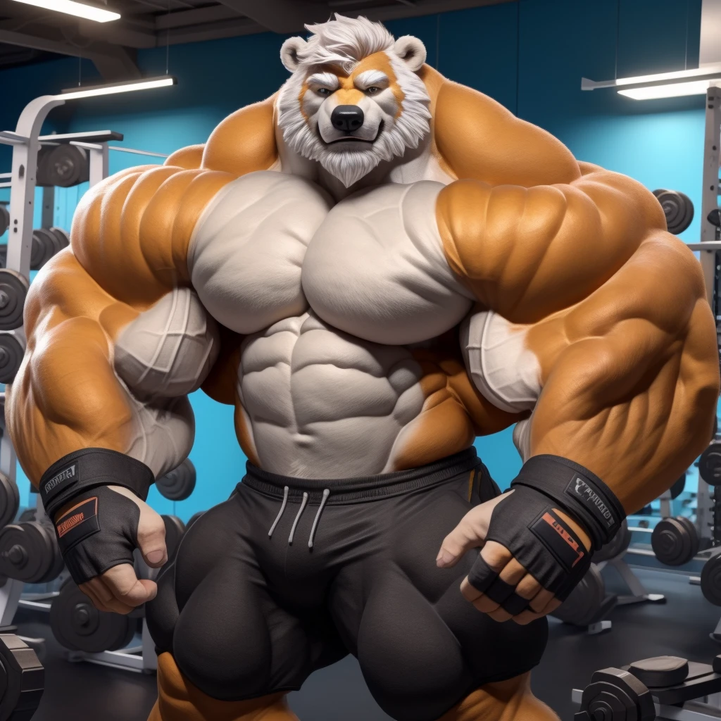 solo, 1boy, Huge Muscular White Polar Bear, huge white fur, pectoral, huge pectoral, wide pectoral, short white hair, ((really big muscle, massive muscular, sixpack, thick arms, wide pectoral, super huge muscle, hyper muscular, over sized muscle, huge arms, big arms, huge pectoral)), black gym short pants, black wristbands, fingerless gloves and shirtless and topless, white bearded, white Mustache, white fur, grey eyebrows, gym fitness center background, masterpiece, high detailed, 8k, high resolution, at the gym, flexes huge thorax, looking at the viewer, acting all hunk