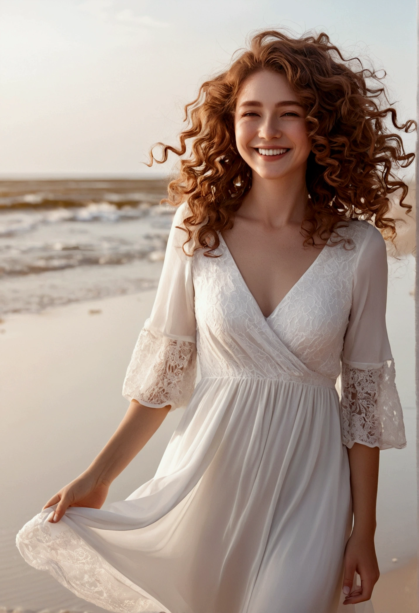 high resolution、transparency、Brown hair woman、curls、Smiling on the beach in a white dress