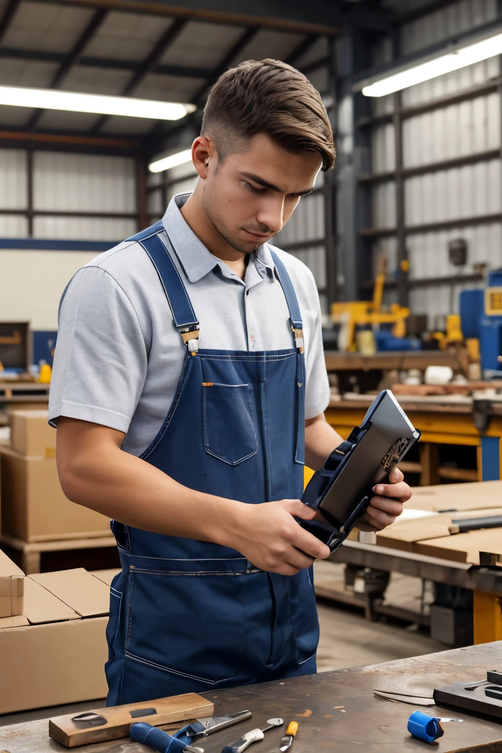 absurd decision, a high resolution, (masterpiece: 1.4), hyperdetailing, disheveled short black hair of a young man, welder dressed, factory high-tech workbench, technical meaning of the screen