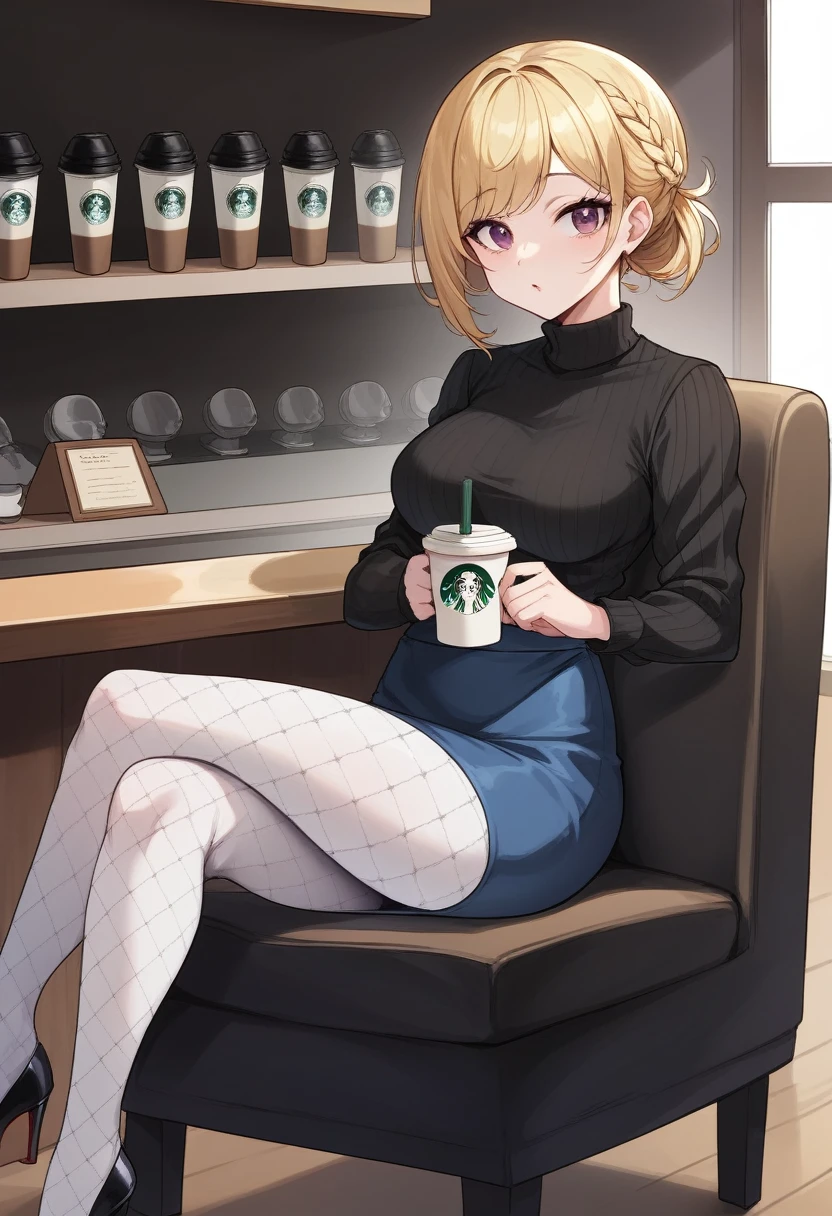 score_9, score_8_up, score_7_up, exquisite photograph of a gorgeous 24 year old  blonde, athletic build, medium bust, chin length hair in a short French type braid, wearing a very tight cropped black wool sweater and grey wool microskirt, (patterned sheer tights:1.2), high heels, ((highly detailed face)), sitting in a college coffee shop drinking a latte, (sitting in a lounge chair, legs crossed:1.3), skirt riding up