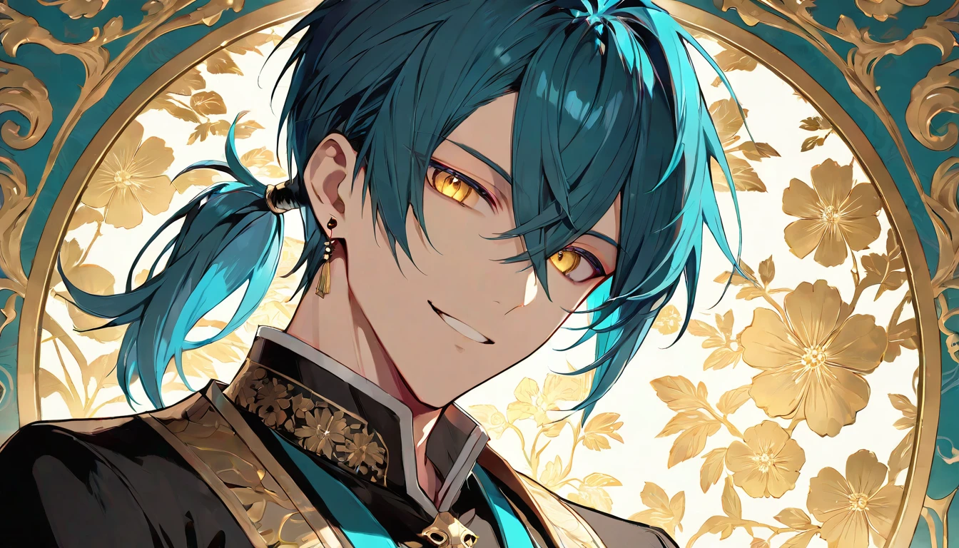((((best masterpiece, best quality, wallpaper,)))) solo, guy, male body, small muscles, flat chest, 1male, 30 years old, handsome man, dramatic angle, upper body, looking at viewers, beautiful detailed, seductive smile, mediumturquoise hair, ((((Lower short ponytail)))), asymmetrical bangs, ((short hair,)) ((( jitome, gold eyes, ^o^, tareme, droopy eyes,))) (((perfect face, extremely detailed eyes,))) perfect hands, sharp nose, clear face, black turtleneck, grey cardigan, ((silver piercing, pendant,)) leggings, pink background color ultrasharp, 8K, masterpiece,