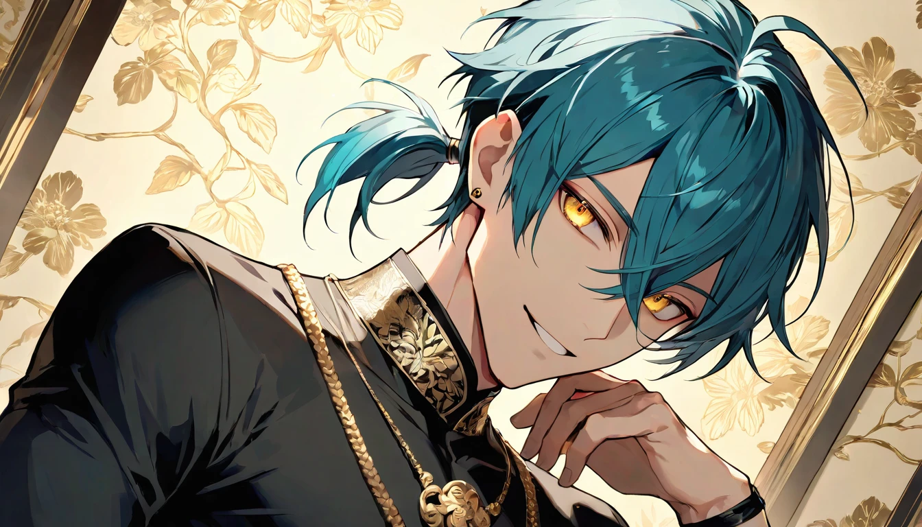 ((((best masterpiece, best quality, wallpaper,)))) solo, guy, male body, small muscles, flat chest, 1male, 30 years old, handsome man, dramatic angle, upper body, looking at viewers, beautiful detailed, seductive smile, mediumturquoise hair, ((((Lower short ponytail)))), asymmetrical bangs, ((short hair,)) ((( jitome, gold eyes, ^o^, tareme, droopy eyes,))) (((perfect face, extremely detailed eyes,))) perfect hands, sharp nose, clear face, black turtleneck, grey cardigan, ((silver piercing, pendant,)) leggings, pink background color ultrasharp, 8K, masterpiece,