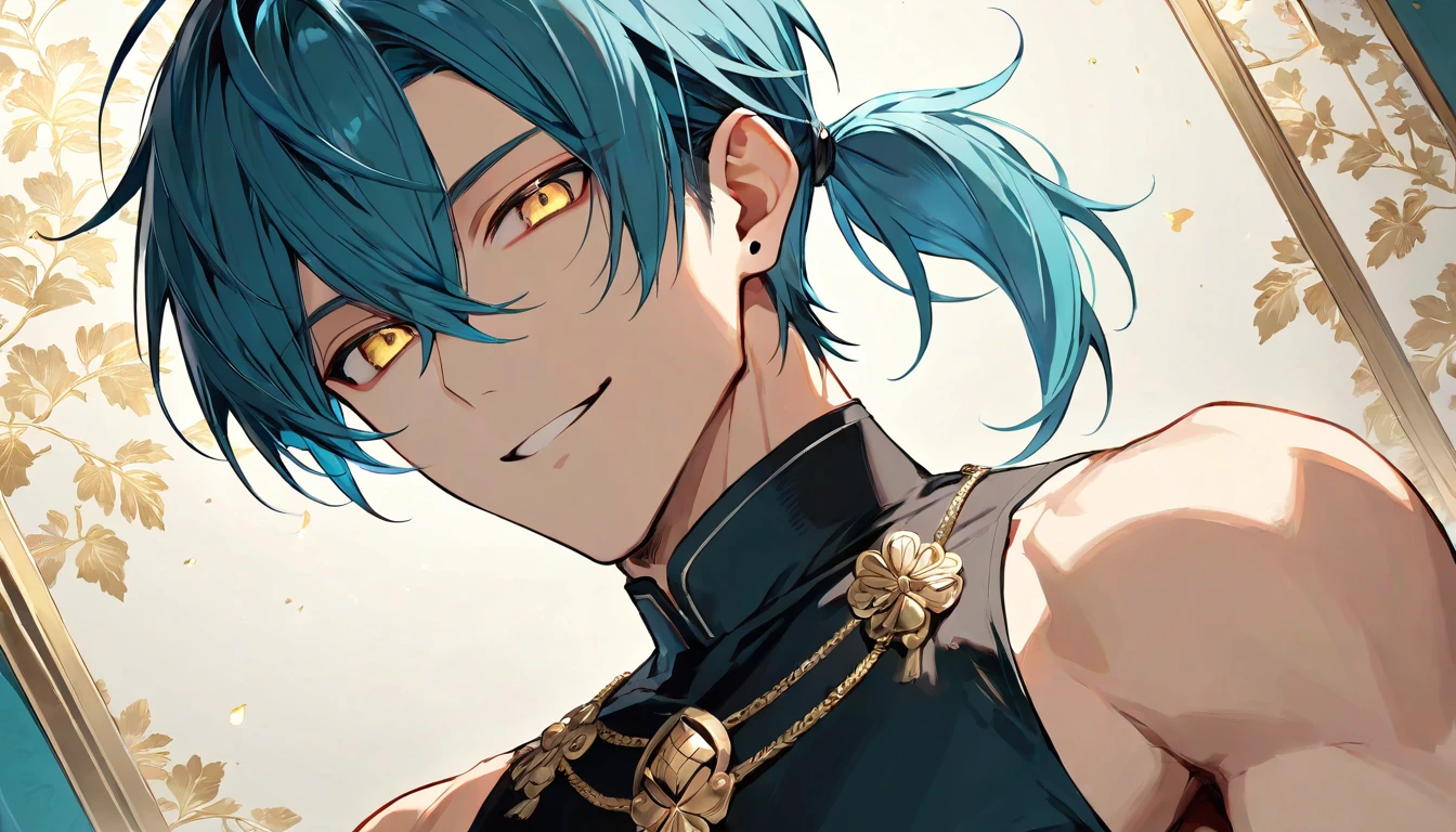 ((((best masterpiece, best quality, wallpaper,)))) solo, guy, male body, small muscles, flat chest, 1male, 30 years old, handsome man, dramatic angle, upper body, looking at viewers, beautiful detailed, seductive smile, mediumturquoise hair, ((((Lower short ponytail)))), asymmetrical bangs, ((short hair,)) ((( jitome, gold eyes, ^o^, tareme, droopy eyes,))) (((perfect face, extremely detailed eyes,))) perfect hands, sharp nose, clear face, black turtleneck, grey cardigan, ((silver piercing, pendant,)) leggings, pink background color ultrasharp, 8K, masterpiece,
