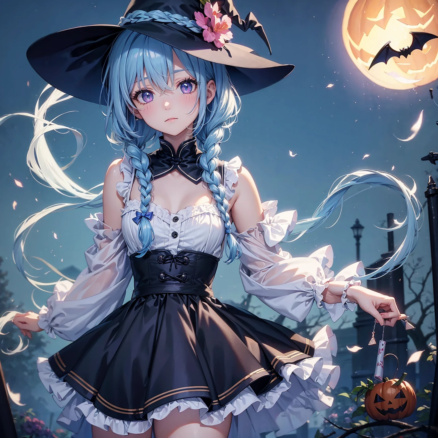 (Light blue medium hair:1.2),(Braided hair:1.2)、Pink eyes、Fair skin、cowboy shot、Halloween、The background is a pumpkin ghost、Crescent Moon、Trick or Treat、A lot of sweets、witch、Halloween night、Candy、many bat、Condescending expression、solo、(masterpiece、Highest quality、Very detailed、Best Shadow)、(Detailed Background)、(Beautifully detailed face)、High contrast、(Best lighting、Very delicate and beautiful)、(Cinematic Light)、colorful、Hyper Detail、Dramatic Light、Exquisite detail、