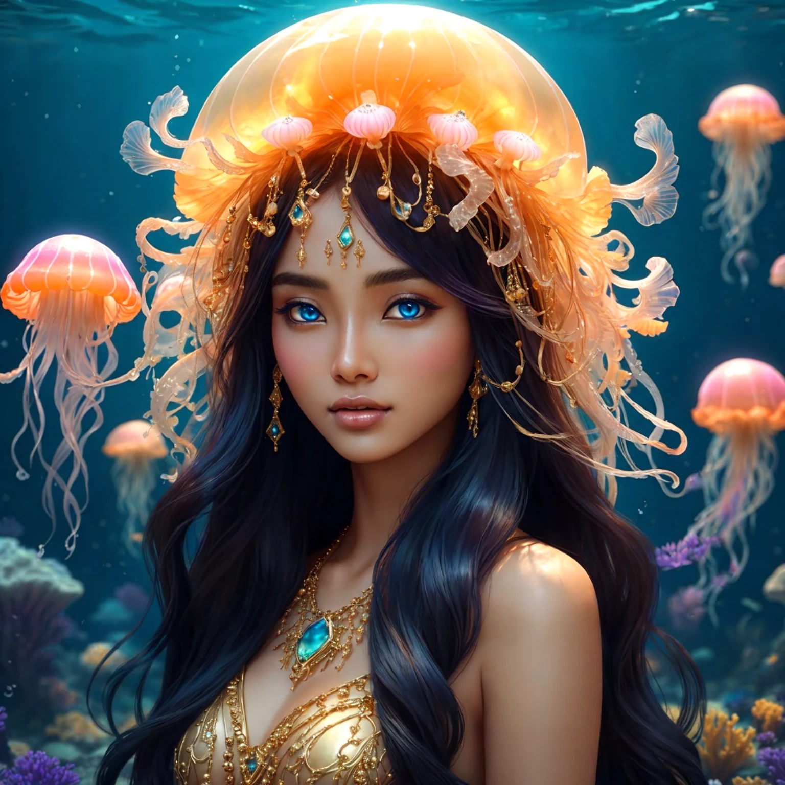 half-Indian woman Beautiful super model , pink mouth , blue eyes , In a golden robe sitting on a rock with a jellyfish, Jellyfish Priest, beautiful fantasy art, , Anemone , , Goddess of the Ocean, Goddess of the sea, , realistically, Fantasy Art HD, Asian female water element, 4k fantasy art , Fine gold jewelry , Beautiful aura