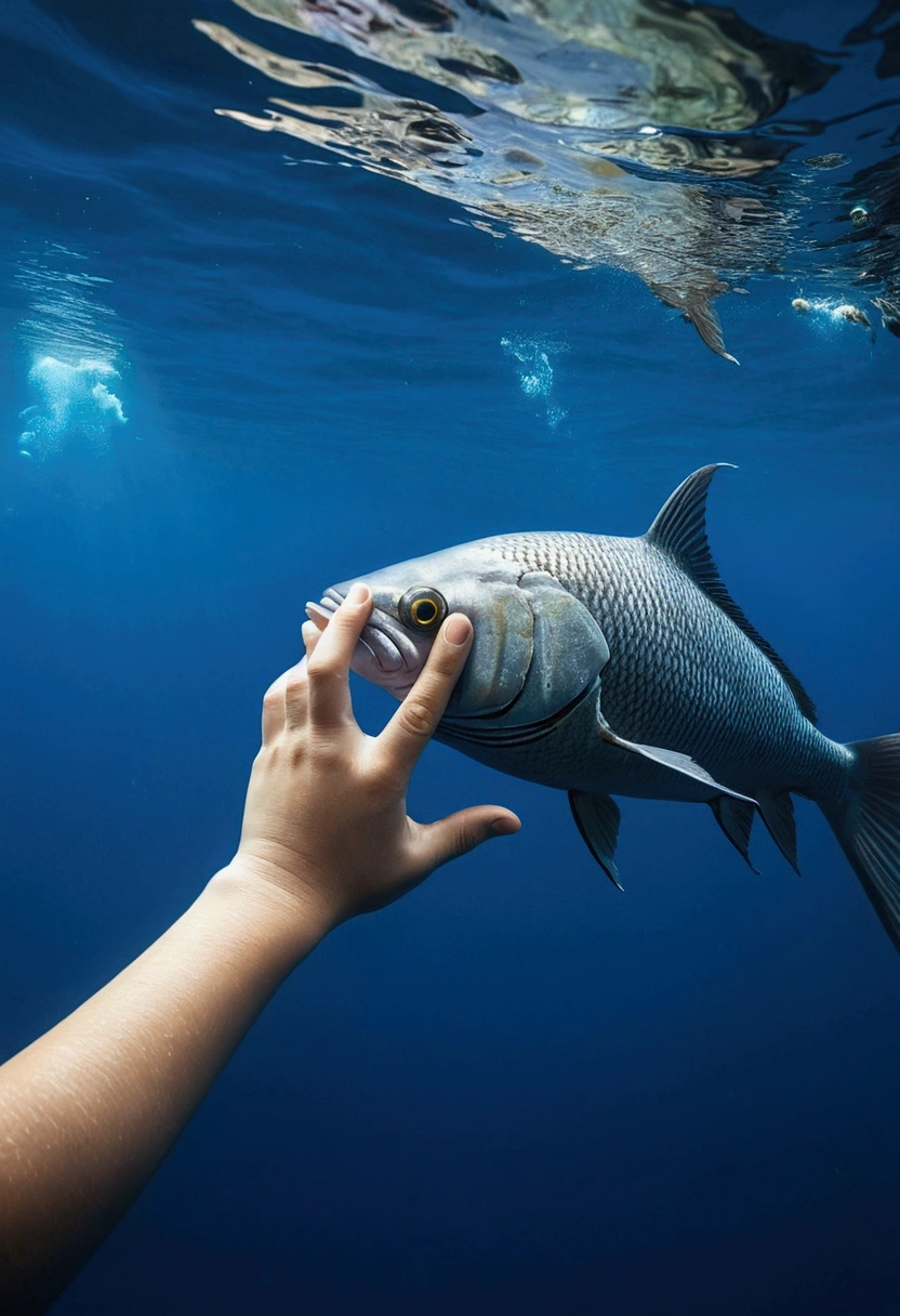 a hand shaking the surface of the deep ocean waters , to get the fish's attention , school of fish,