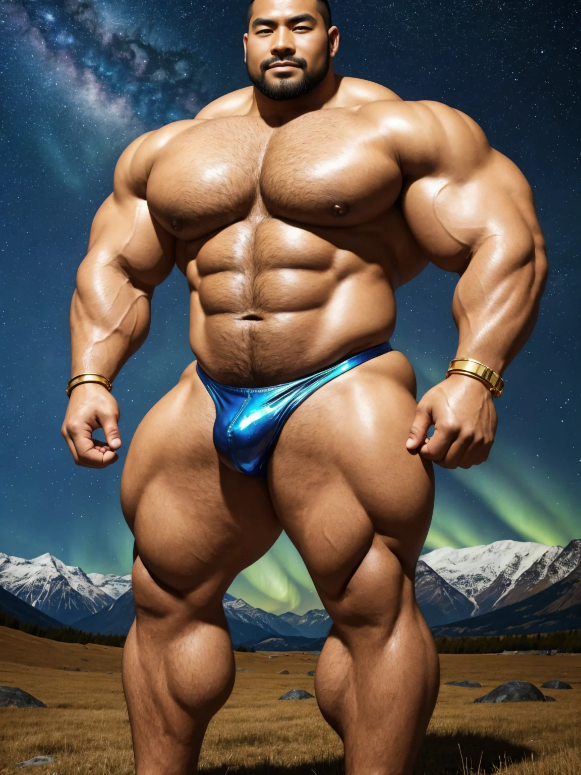 There is only one handsome Chinese man in the photo,35 years old,tall, Fitness,Smooth body,Smooth skin,No chest hair,short hair, O-Shaped Beard,Perfect body, Dark skin color,Radiant Skin,Smooth skin,Shiny, shiny skin,Smooth pectoral muscles,Muscle bulge, muscular, Very large pectoral muscles,Very sexy abdominal muscles,Very well-developed leg muscles,Huge concave and convex area,Brightens oily skin,Wearing a shiny gold leather thong,Handsome face,Normal human toes,Correct and accurate male body proportions,Gold Collar,Gold bracelet,Gold anklets,Standing in the Swiss landscape,Night sky,A sky full of stars,There are auroras,Colorful,Charming dream scene,Epic。