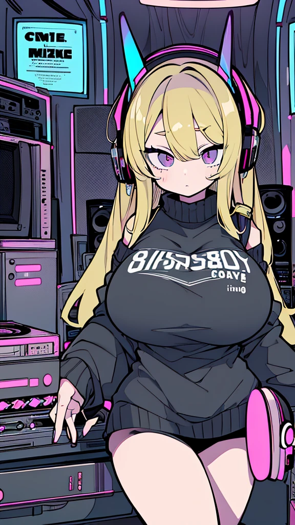 Best quality, (masterpiece), best detail face,1 girl, , 18 yo, 8k,absurdres,unity 8k wall paper,(extremely detailed:1.3), highest realistic, (retro headphones:), (soft neon light:), (psychedelic), Her room full of music equipment and records, sports wear , See the whole room , dark grey color pallet, blonde hair

