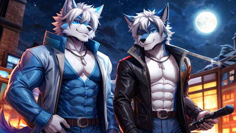 bynamic angle,depth of field, motion blur, absurdres,looking at viewer, (best quality), (masterpiece), (ultra detailed),(detailed eyes),sharp focus,manga,anthro male dark Blue Wolf white hair,(muscular),Huge body chest , own pet kitty ,sky blue eyes,handsome jacket blue gray pants holding a microphone galaxy necklace cyber city , love, Night, stars in the sky, Full Moon