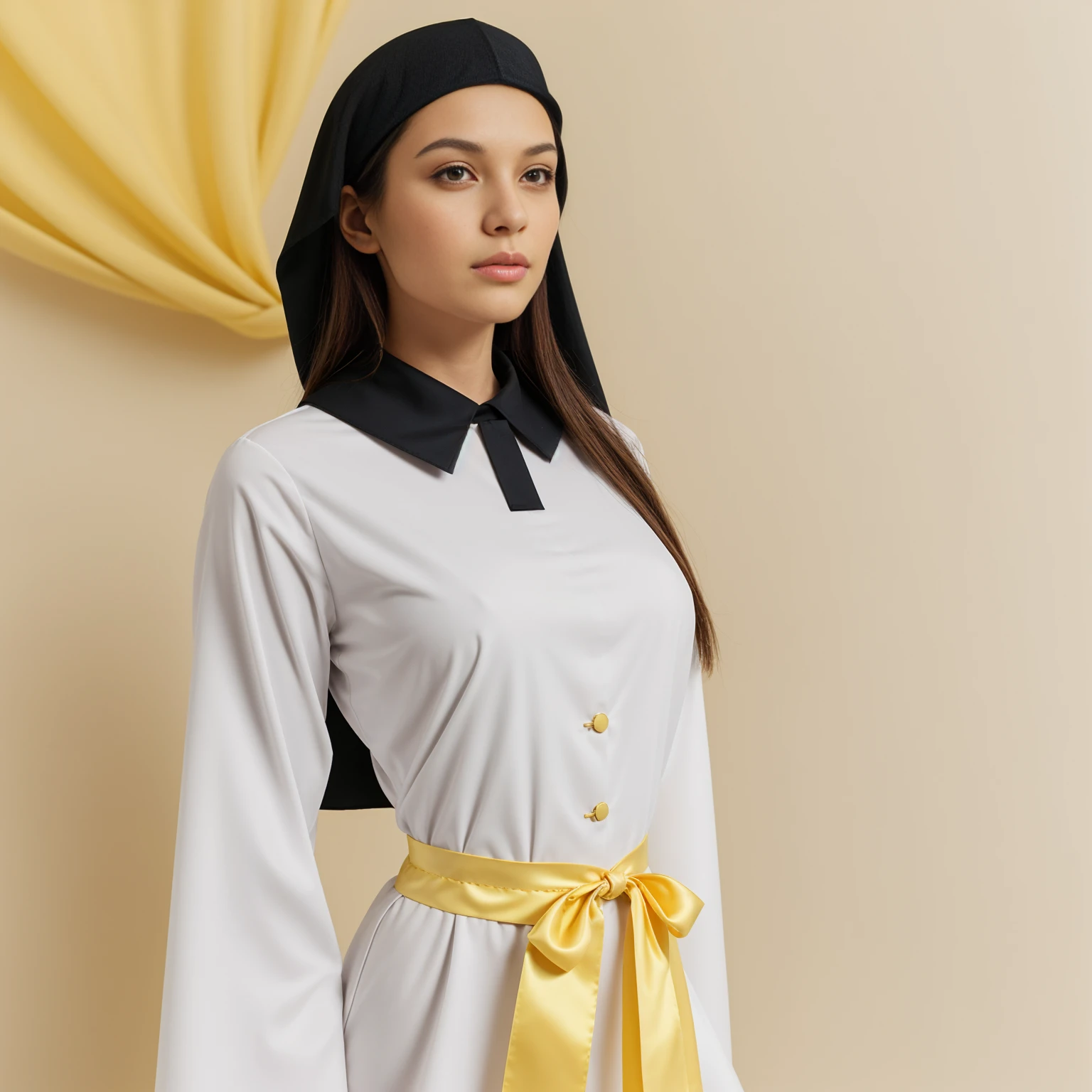 a costume design art of a uniform simple dark cassock, with a silky yellow waist sash. A yellow ribbon is tied at the neck. White background, focus on the costume. wide wide sleeves, elastic wrist cuffs. clean art ::1 religious symbols ::-0.4 --chaos 40 --style raw --stylize 0