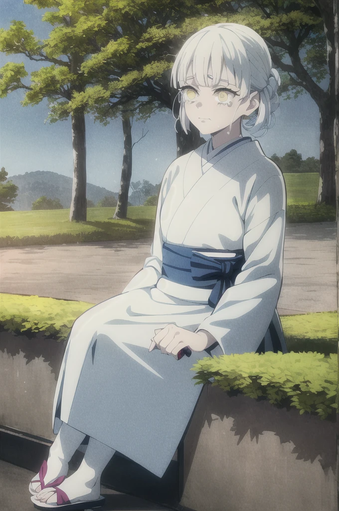kimetsu no yaiba style, 1girl, white hair , solo, yellow eyes, holding a katana ,white hair, white kimono with blue flowers , outdoors, tree, anime coloring,  ((masterpiece)) , day background , beautiful girl, cute, solo , crying face,  hold her face, sitting on the ground ((high quality))  