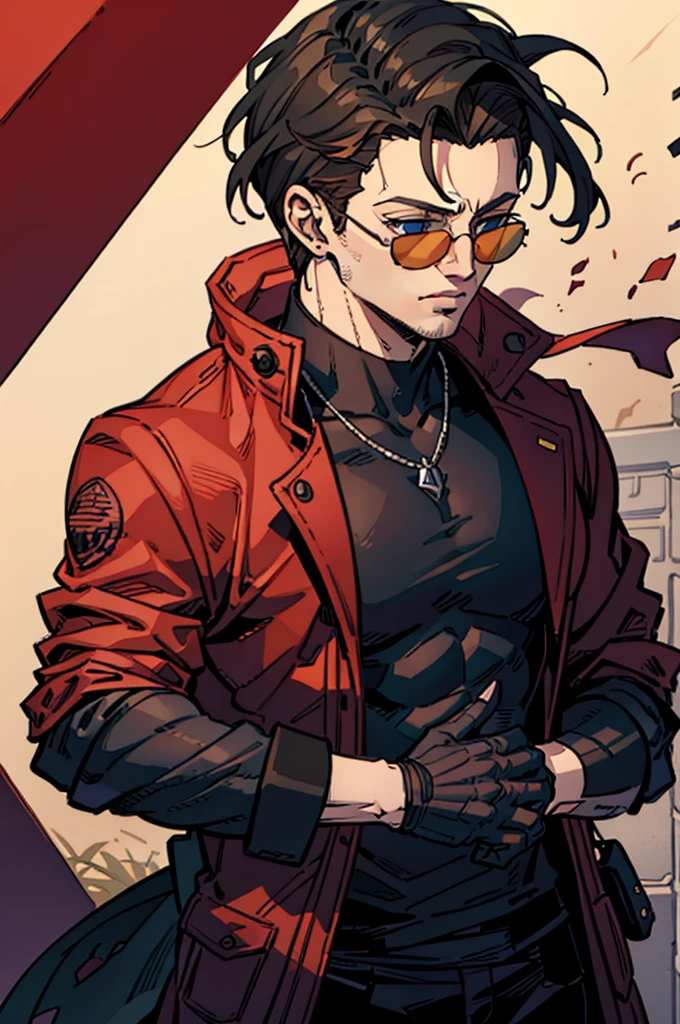 ((illustration)), (best quality)), ((masterpiece)), (detailed), ((front view)) anime, adult, male, dark hair, albertwesker, jacket, black gloves, coat, sunglasses, leather, upper body, shadowarmy